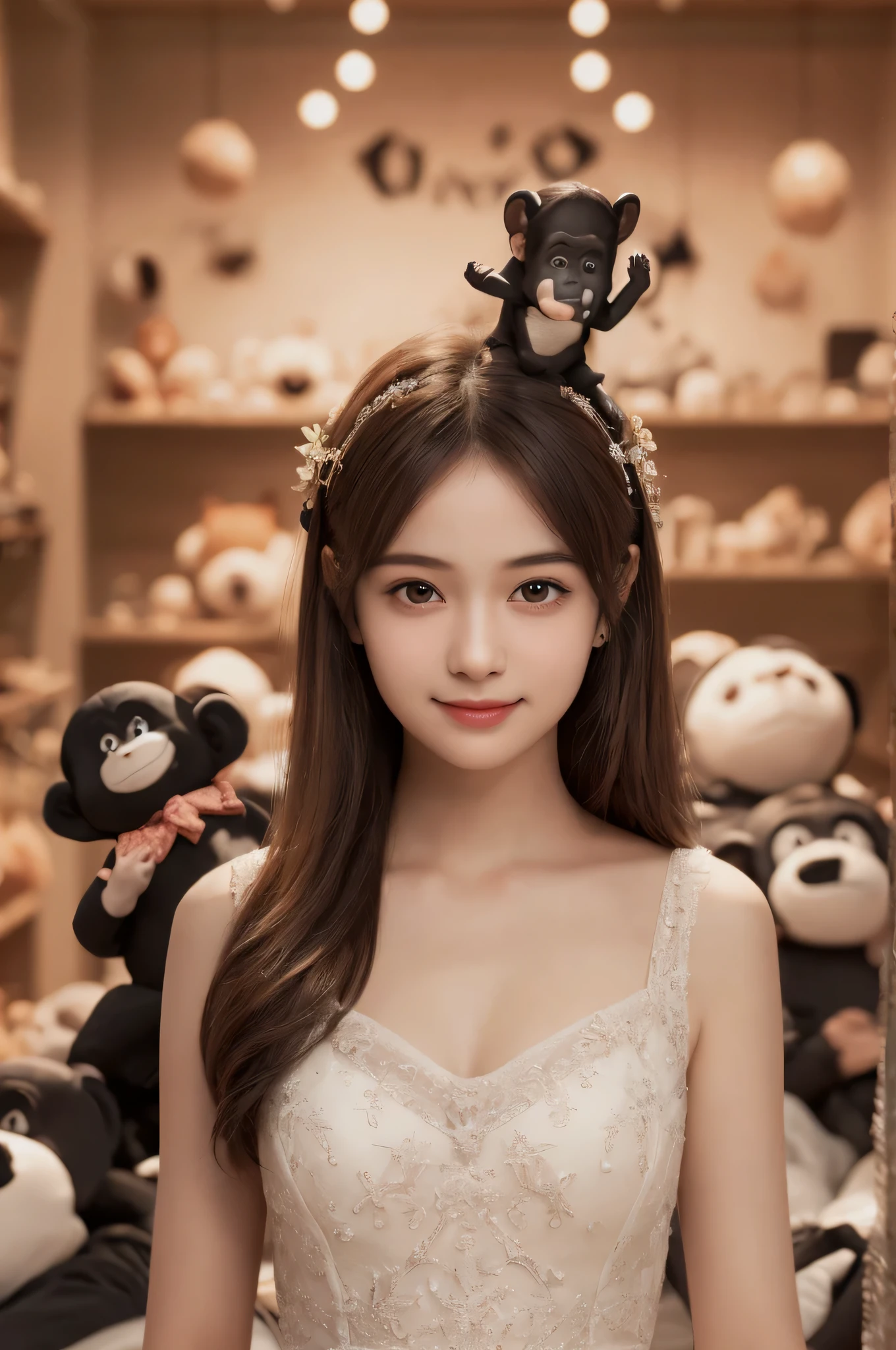 (best quality), (ultra-detailed), (llustration), (detailed light), (an extremely delicate and beautiful), 1ung girl, long hair, brown eyes, (smile slightly, Innocent and cute expression), model, Enchanting, Sublime, Ethereal, fantastic, extremely detailed CG unified 8k wallpaper, High-definition raw color photos, professional photography, indoors, (Stuffed toy shop, surrounded by lots of stuffed chimpanzee), (Bokeh), depth of fields,