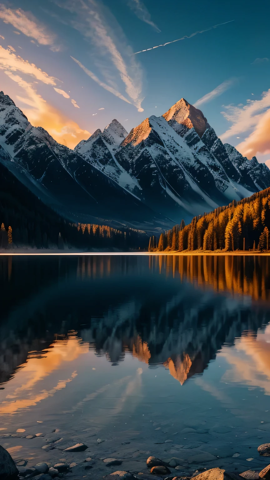 Majestic Mountain Sunrise: Generate an awe-inspiring landscape featuring a majestic mountain range at sunrise. Capture the warm hues of the sun kissing the peaks, with a serene lake reflecting the morning sky. Masterpiece, best quality, high quality, highly detailed CG unity 8k wallpaper, textured landscape, award-winning photography, bokeh, depth of field, HDR, bloom, chromatic aberration, photorealistic, highly detailed, trending on artstation, trending on CGsociety, intricate, high detail, dramatic.