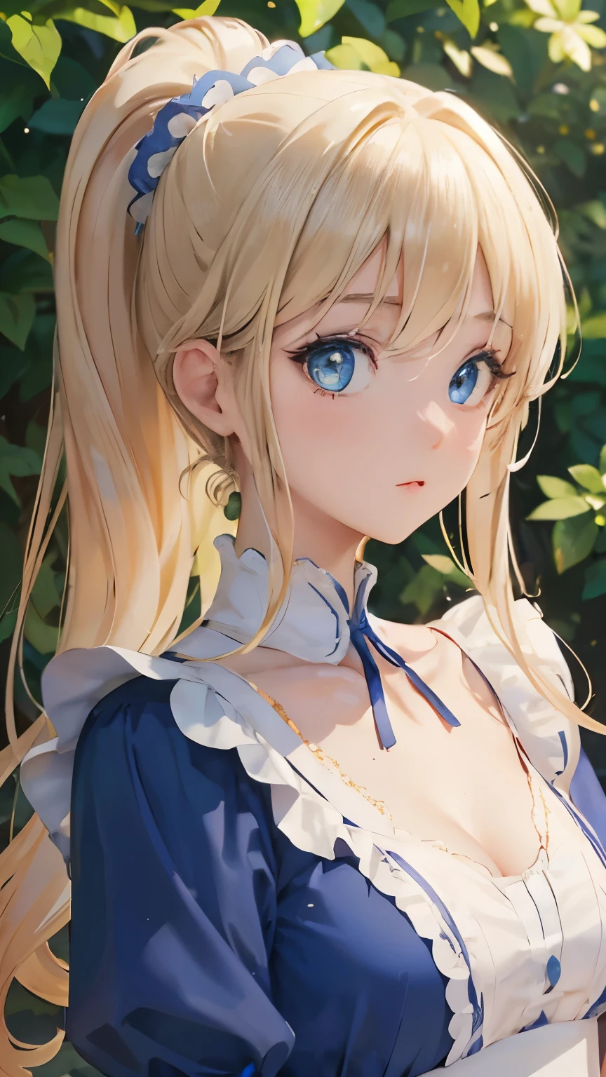 (masterpiece:1.2), (highest quality:1.2),, Curvy but slender body, perfect eyes, perfect face, perfect lighting, 1 girl, in the garden, (blouse),(Lady),(school swimwear),(full body shot),(ponytail),(カメラアングルwhole body),curly hair, fine clothes, detailed outdoor background, compensate, eye shadow, thick eyelashes, fantasy, looking at the viewer, whole body、blue sky、Bright and very beautiful face、young shiny glossy white shiny skin、the best beauty、the most beautiful bright blonde hair in the world、thin hair、long hair、Shining beautiful bangs、big shining blue eyes、Very beautiful and lovely 18 years old, the most beautiful girl in the world、small breasts