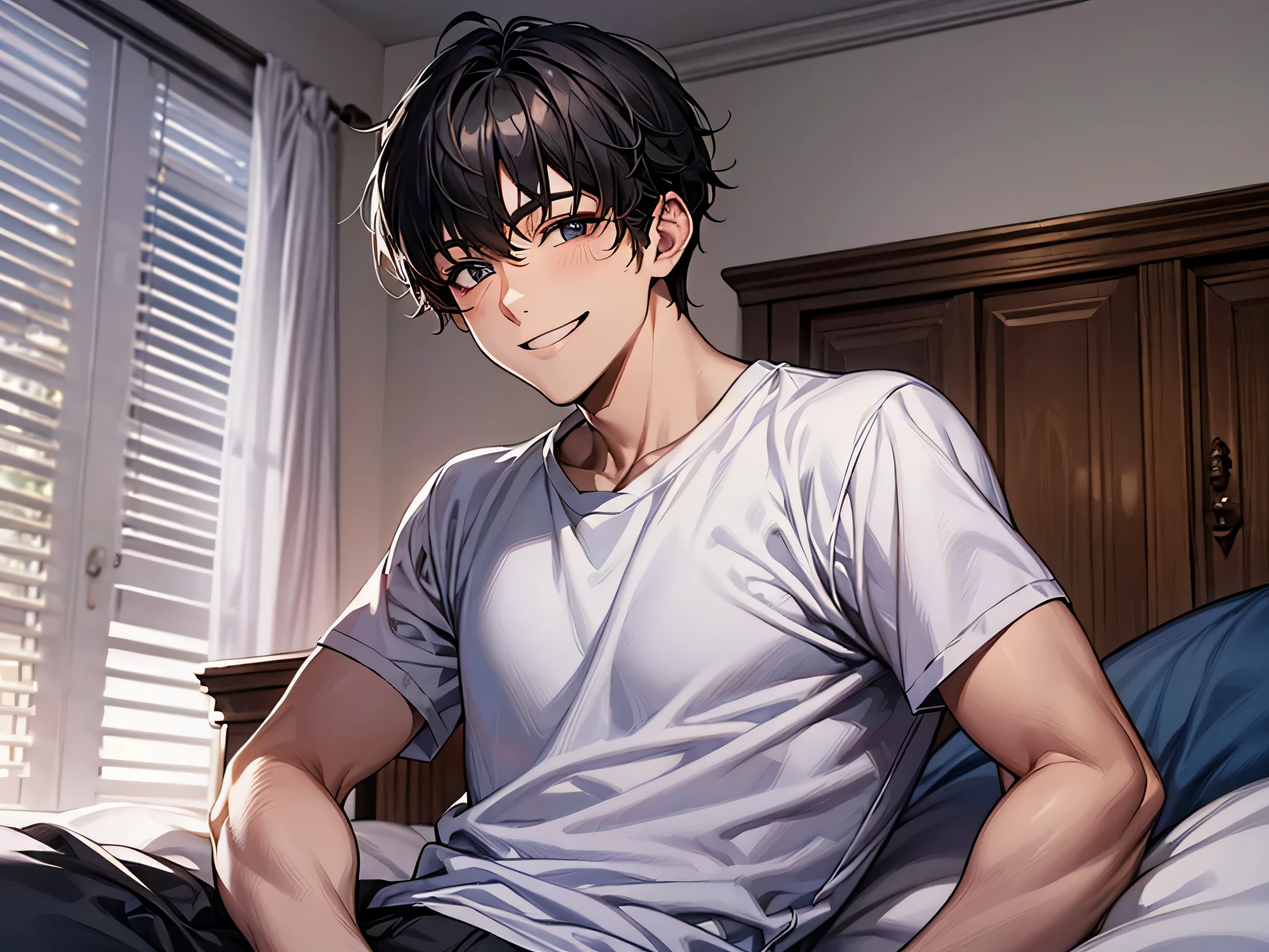 male,masterpiece, high quality, 最high quality, hd,perfect lighting, detailed face, detailed body, 1 person, short black hair, white t-shirt, (smile: 1.5), sitting, bed, in the room,night