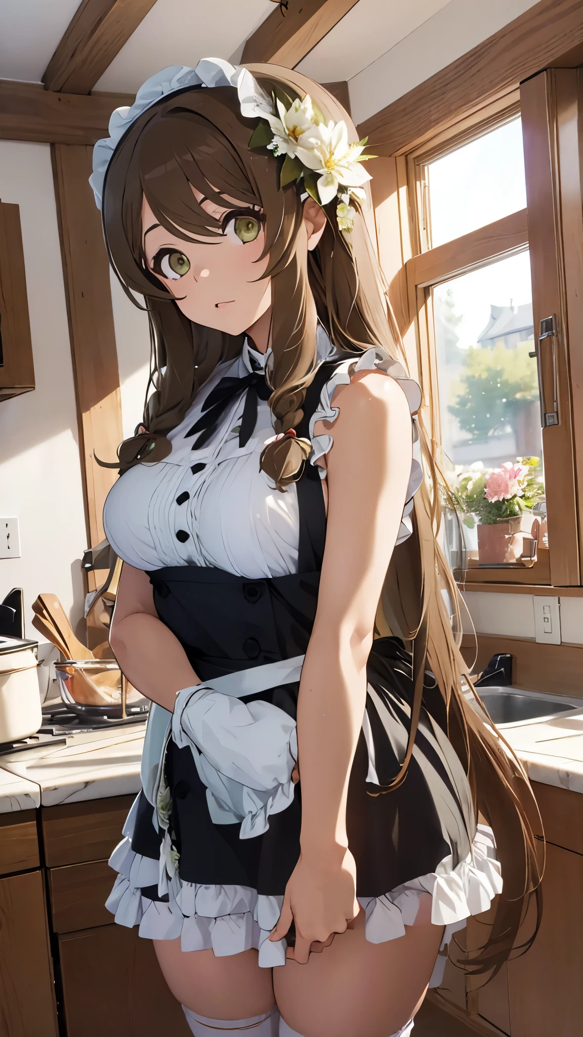 Masterpiece, Best quality, high resolution, 1girll, Solo, Oversized fox tail,Green eyes,(Long brown hair_Sideways French braided hair),Small flower headdress, (27years old,Big breasts wife)_Mature female figure_F Cup,Modern architecture, A MILF, In the kitchen_Make cakes,aprons,