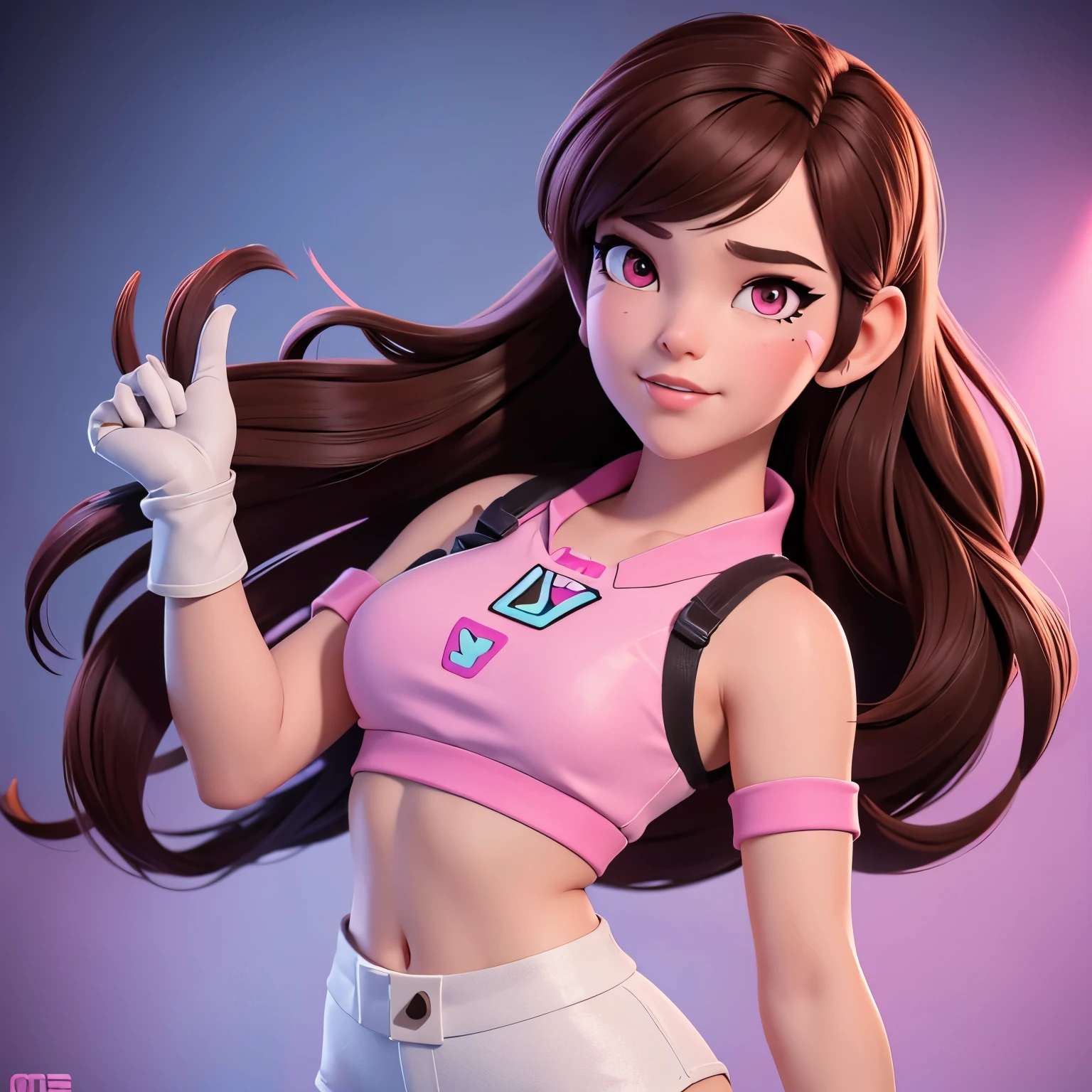 Masterpiece, Best Quality, High Resolution, 1Girl, Ultra High Resolution, Solo, D.VA, Headphones, Pink Eyes, short shorts, Brown Hair, White Gloves, Face Decoration, full body shot, cute, crop top, realistic, 