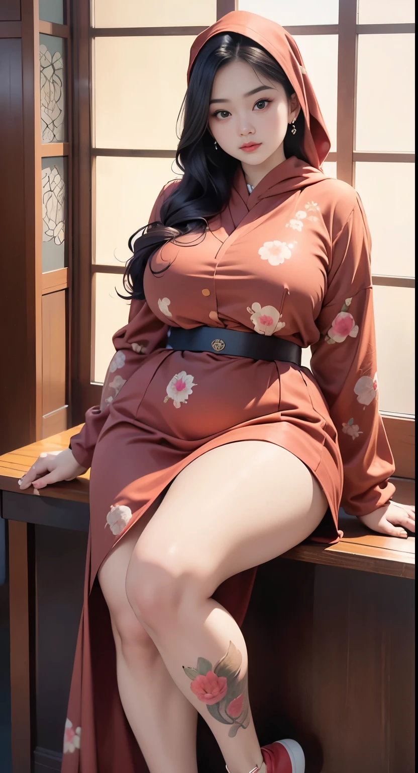 there is a woman sitting down with a longest brown hair, bbwchan, thicc, brown hijab outfit, brown hairstyle model, korean girl, korean woman, wearing brown robe, full length shot, alluring plus sized model, japanese goddess, clothed in hooded, voluptuous and arousing, portrait shot, curvy model, voluptuous body, wonderful, nene tanaka body , bbwchan, The overall atmosphere is smooth , haunting illustrations, extremely high-resolution details, photographic, realism pushed to extreme, fine texture, 4k, ultra-detailed, high quality, high contrast, red sneakers , cold atmosphere ,, cold atmosphere ,, ((Detailed texture of tattooed skin)), tattoo round breasts, irezumi tattoo style, tattoo on breasts, tttattoo, showing her thigh , tattoo on thigh, a close up of a woman with tattoos on her body, inked, tattooed body, fully tattooed body, tattooed, full-body tattoos, full - body tattoos, , full body tattoo, with tattoos, , tattoos, tattoos all over the skin, tattoos and piercings, ((Neka: 0.45)) LoRA, {{Big brother's tattooed woman Iremuzi tattoo style v1.0: 0.91}},, ((BohoAI v1.0 : 0.45))