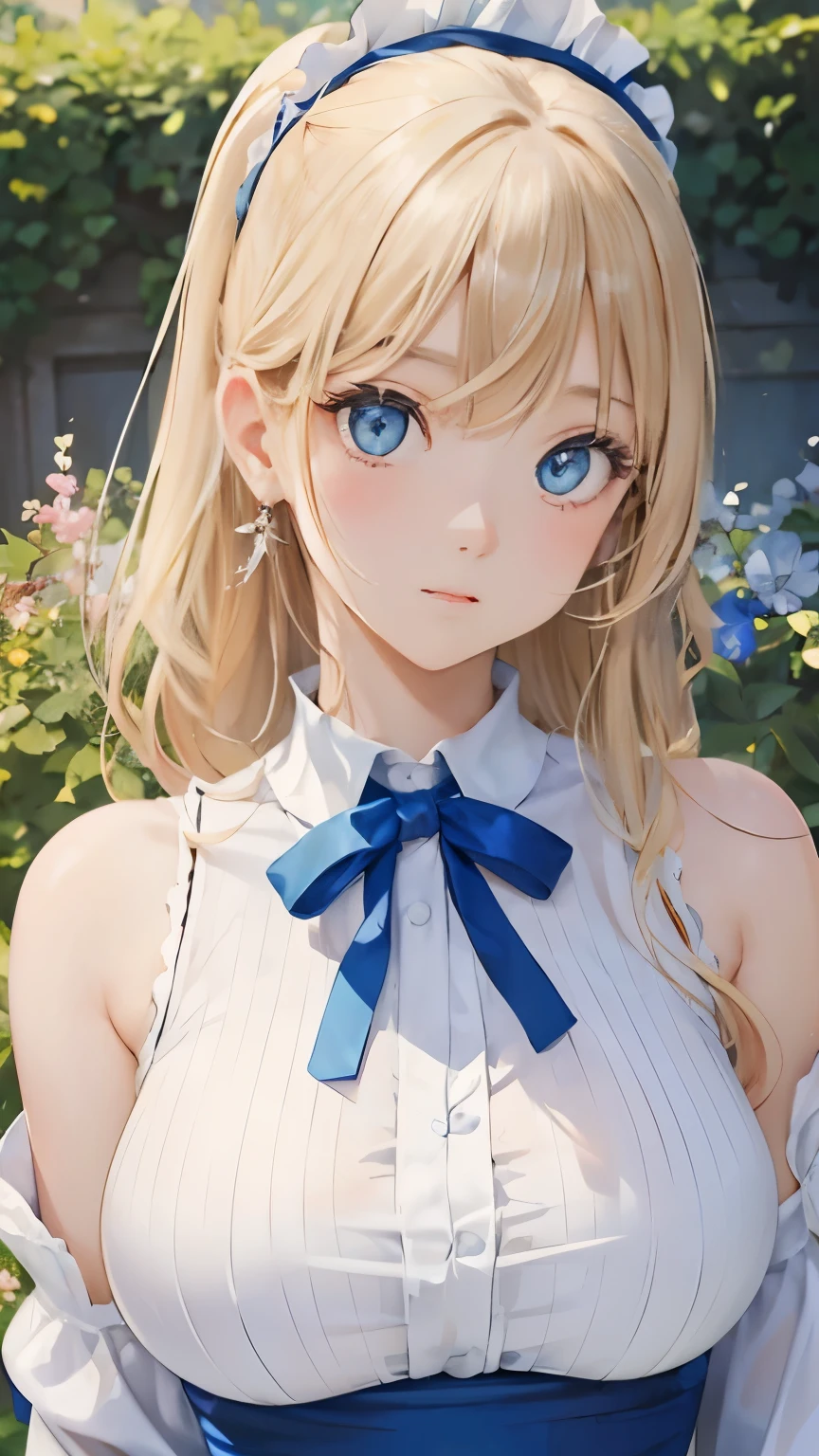 (masterpiece:1.2), (highest quality:1.2),, Curvy but slender body, perfect eyes, perfect face, perfect lighting, 1 girl, in the garden, (blouse),(Lady),(noble),(maid),(ponytail),curly hair, fine clothes, detailed outdoor background, compensate, eye shadow, thick eyelashes, fantasy, looking at the viewer, whole body、blue sky、Bright and very beautiful face、young shiny glossy white shiny skin、the best beauty、the most beautiful bright blonde hair in the world、thin hair、long hair、Shining beautiful bangs、big shining blue eyes、Very beautiful and lovely 18 years old, the most beautiful girl in the world、small breasts
