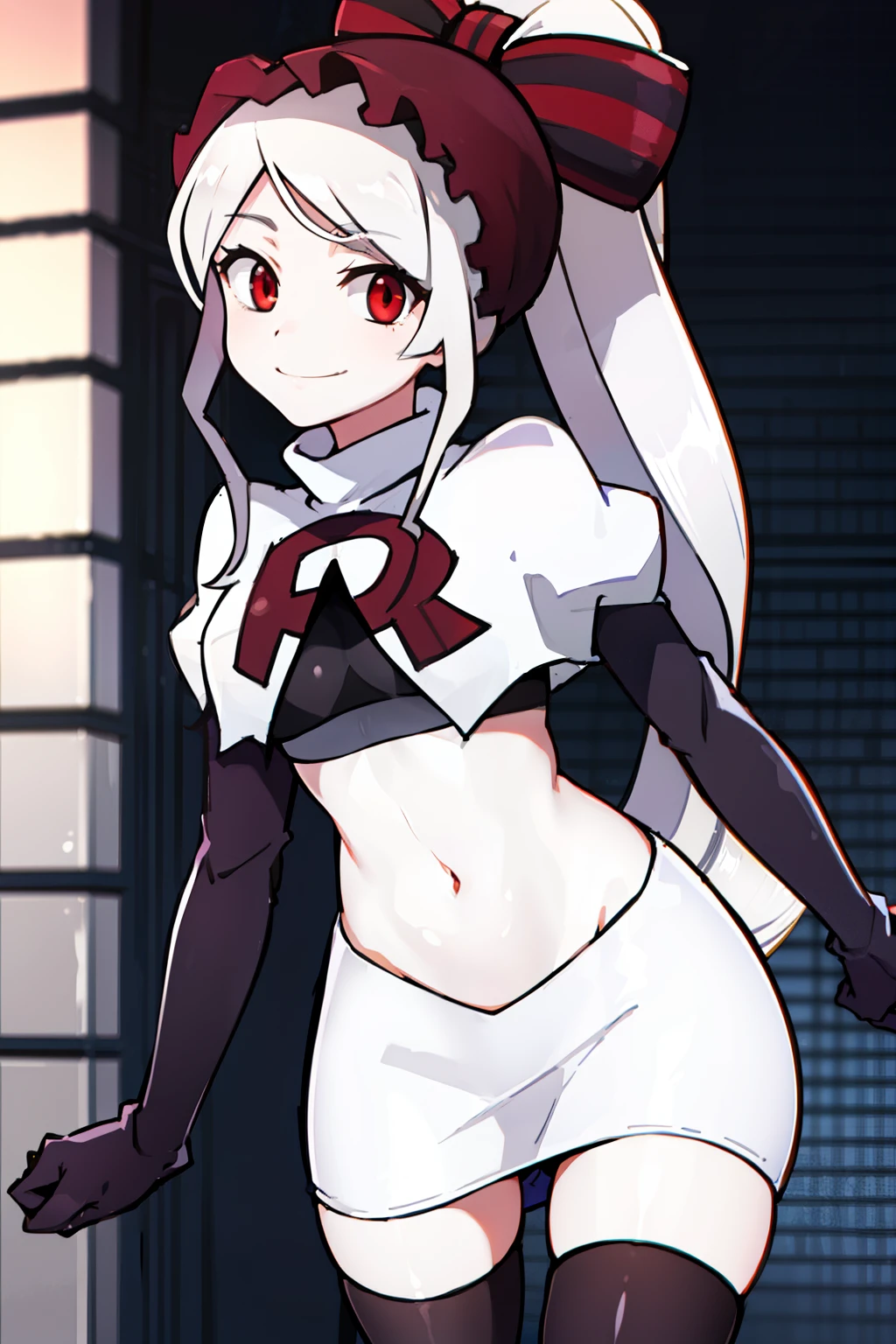 absurdres, highres, ultra detailed, shalltear, gray hair, red eyes, bonnet, hair bow, ponytail, smile, (looking at viewer:1.2), team rocket uniform, red letter R, white skirt,white crop top,black thigh-highs, black elbow gloves