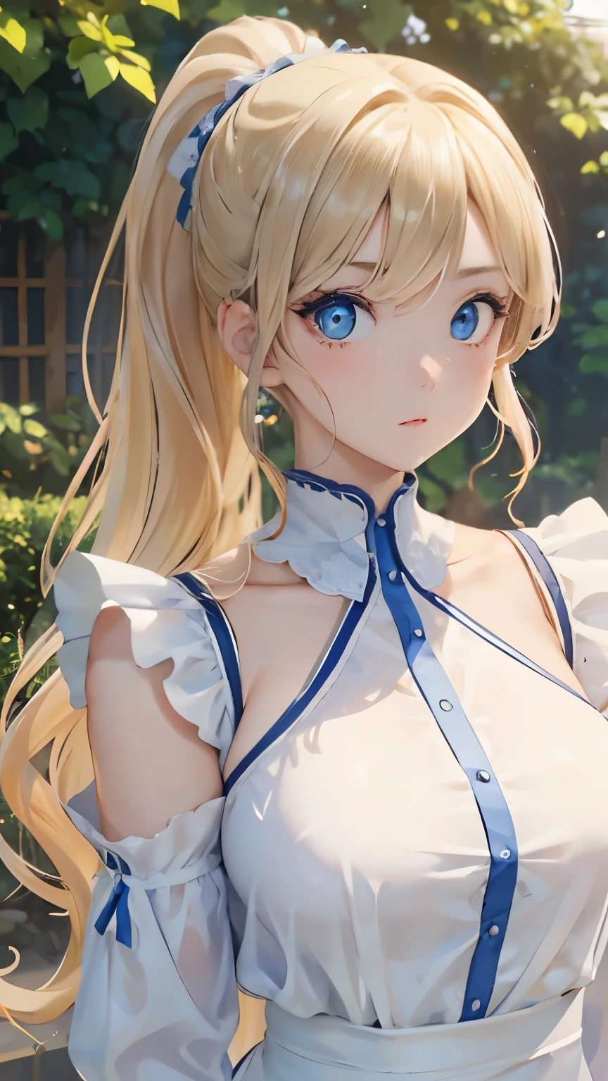(masterpiece:1.2), (highest quality:1.2),, Curvy but slender body, perfect eyes, perfect face, perfect lighting, 1 girl, in the garden, (blouse),(Lady),(noble),(whole bodyのショット),(ponytail),(I can see my ankles),curly hair, fine clothes, detailed outdoor background, compensate, eye shadow, thick eyelashes, fantasy, looking at the viewer, whole body、blue sky、Bright and very beautiful face、young shiny glossy white shiny skin、the best beauty、the most beautiful bright blonde hair in the world、thin hair、long hair、Shining beautiful bangs、big shining blue eyes、Very beautiful and lovely 1, the most beautiful girl in the world、small breasts