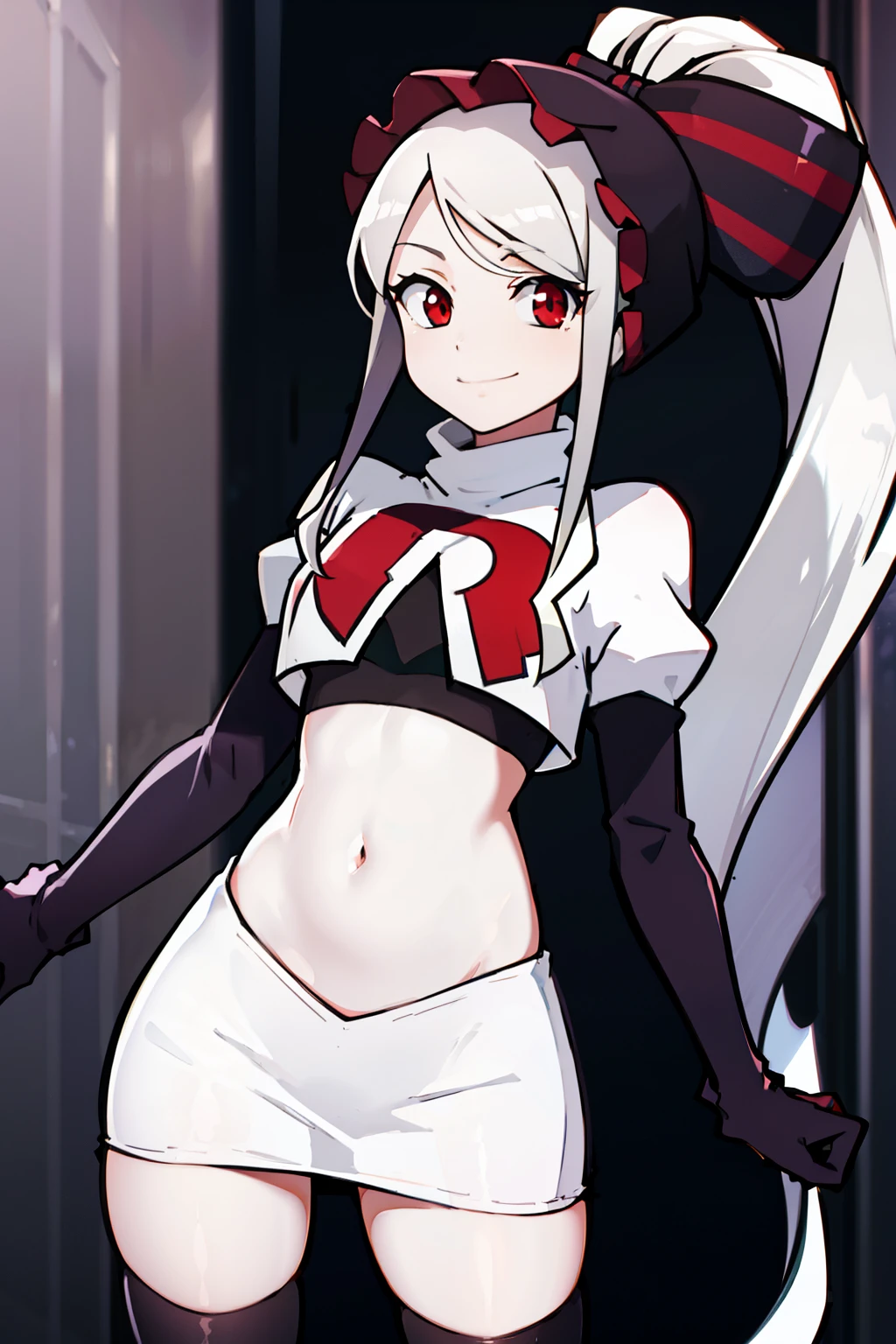 absurdres, highres, ultra detailed, shalltear, gray hair, red eyes, bonnet, hair bow, ponytail, smile, (looking at viewer:1.2), team rocket uniform, red letter R, white skirt,white crop top,black thigh-highs, black elbow gloves