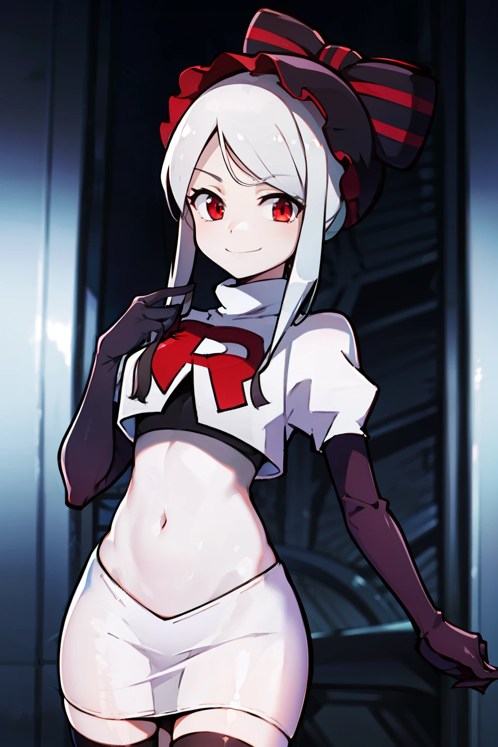 absurdres, highres, ultra detailed, shalltear, gray hair, red eyes, bonnet, hair bow, ponytail, smile, (looking at viewer:1.2), team rocket uniform, red letter R, white skirt,white crop top,black thigh-highs, black elbow gloves