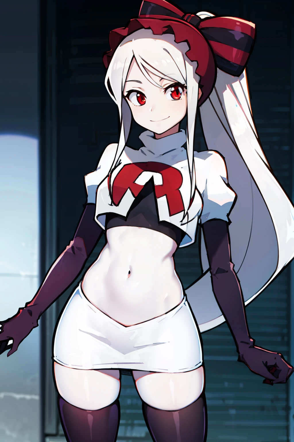 absurdres, highres, ultra detailed, shalltear, gray hair, red eyes, bonnet, hair bow, ponytail, smile, (looking at viewer:1.2), team rocket uniform, red letter R, white skirt,white crop top,black thigh-highs, black elbow gloves