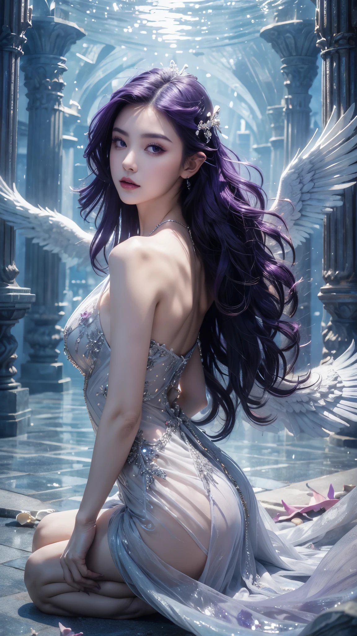(((RAW photo , Extremely detailed, highest quality, High resolution, alone,)))
break、(contrast:1), whole body、 Viewed from directly above, Lying in a flower garden, back is on the floor、
break、 (((purple hair beach wave hairstyle ))), (((cosmetics))),big breasts,
break、white effect, white wings:1.2 , White Angel:1.2, ((night)) 、
break、Vampire Castle, detailed background,, moon、
break、antonio riva dress:1.1,Dress made of slightly see-through fabric:1.3、(very complicated:1.2), high fantasy, beautiful face, pointed ears,
break,background, monochrome, grayscale, barefoot, break、outdoors、river