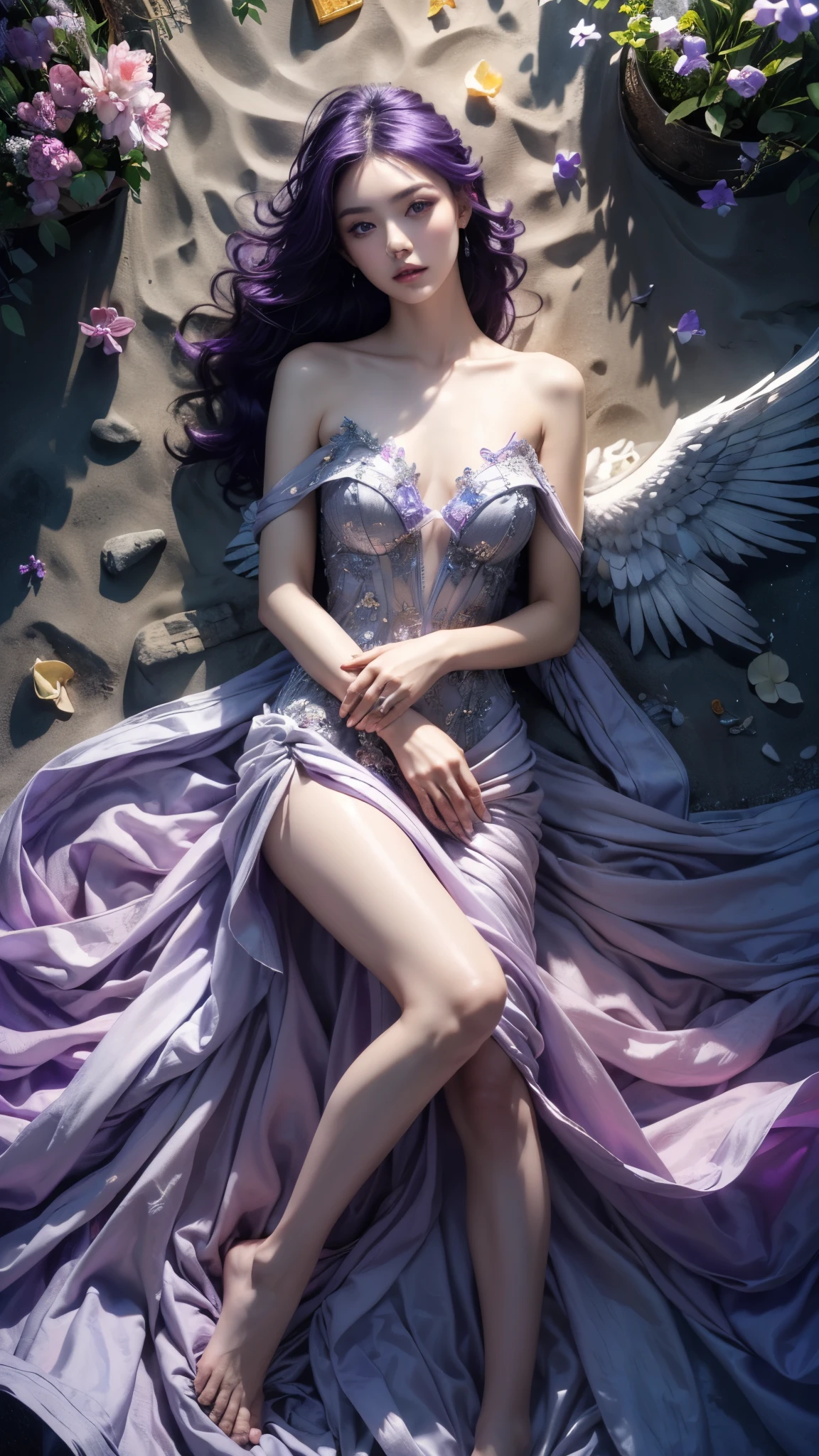 (((RAW photo , Extremely detailed, highest quality, High resolution, alone,)))

break、(contrast:1),  whole body、 Viewed from directly above, Lying in a flower garden, back is on the floor、

break、 (((purple hair beach wave hairstyle ))), (((cosmetics))),big breasts,

break、white effect, white wings:1.2 ,  White Angel:1.2, ((night)) 、

break、Vampire Castle, detailed background,, moon、 

break、antonio riva dress:1.1,Dress made of slightly see-through fabric:1.3、(very complicated:1.2), high fantasy, beautiful face,  pointed ears, 

break,background, monochrome, grayscale, barefoot, break、outdoors、river