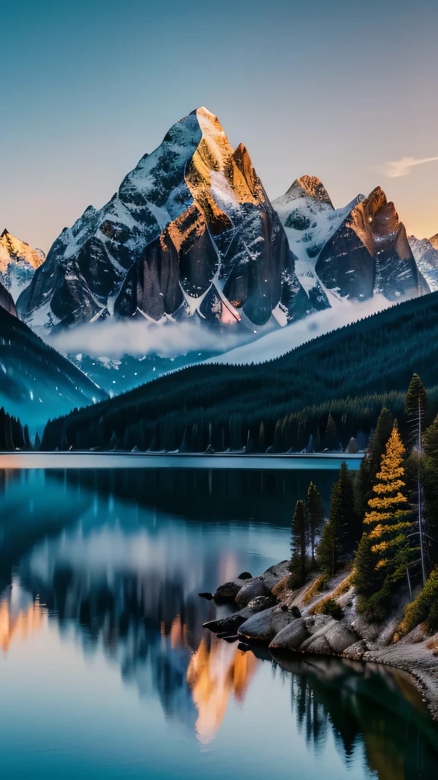 Majestic Mountain Sunrise: Generate an awe-inspiring landscape featuring a majestic mountain range at sunrise. Capture the warm hues of the sun kissing the peaks, with a serene lake reflecting the morning sky. Masterpiece, best quality, high quality, highly detailed CG unity 8k wallpaper, textured landscape, award-winning stock photography, bokeh, depth of field, HDR, bloom, chromatic aberration, ((photorealistic)), highly detailed, rich colors, dramatic lighting


