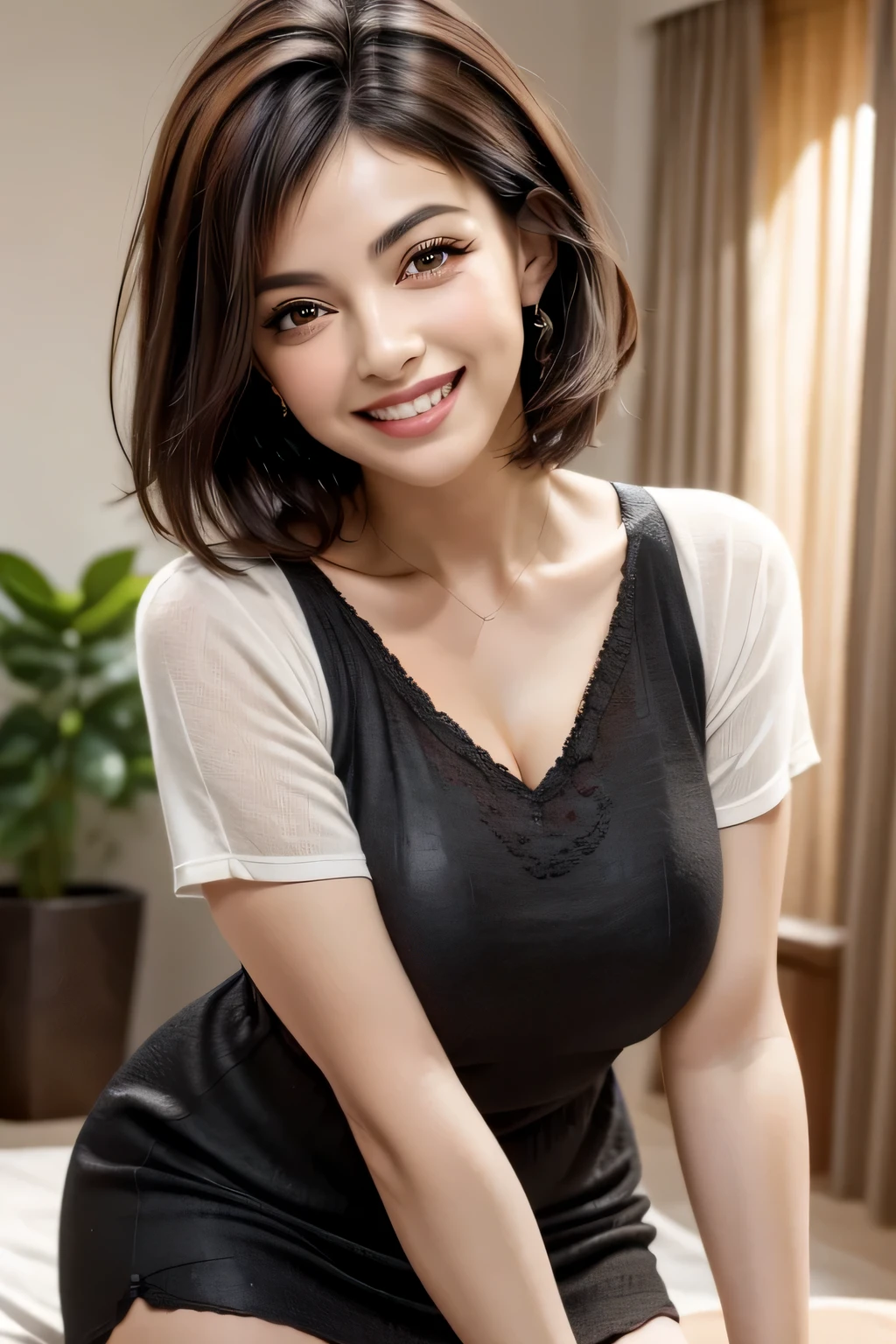 (1 Ultimate beauty), middle aged, highly detailed face, fine brown eyes, star-shaped pupil, double eyelid, eyelash, beautiful teeth, lip details, short black hair, glamorous, (colorful casual dresses), grin and laugh, thighs, perfect lighting, (Photoreal), (Super detailed), (highest quality), (best shadow), (masterpiece), ultra high resolution, With background: (room at home)