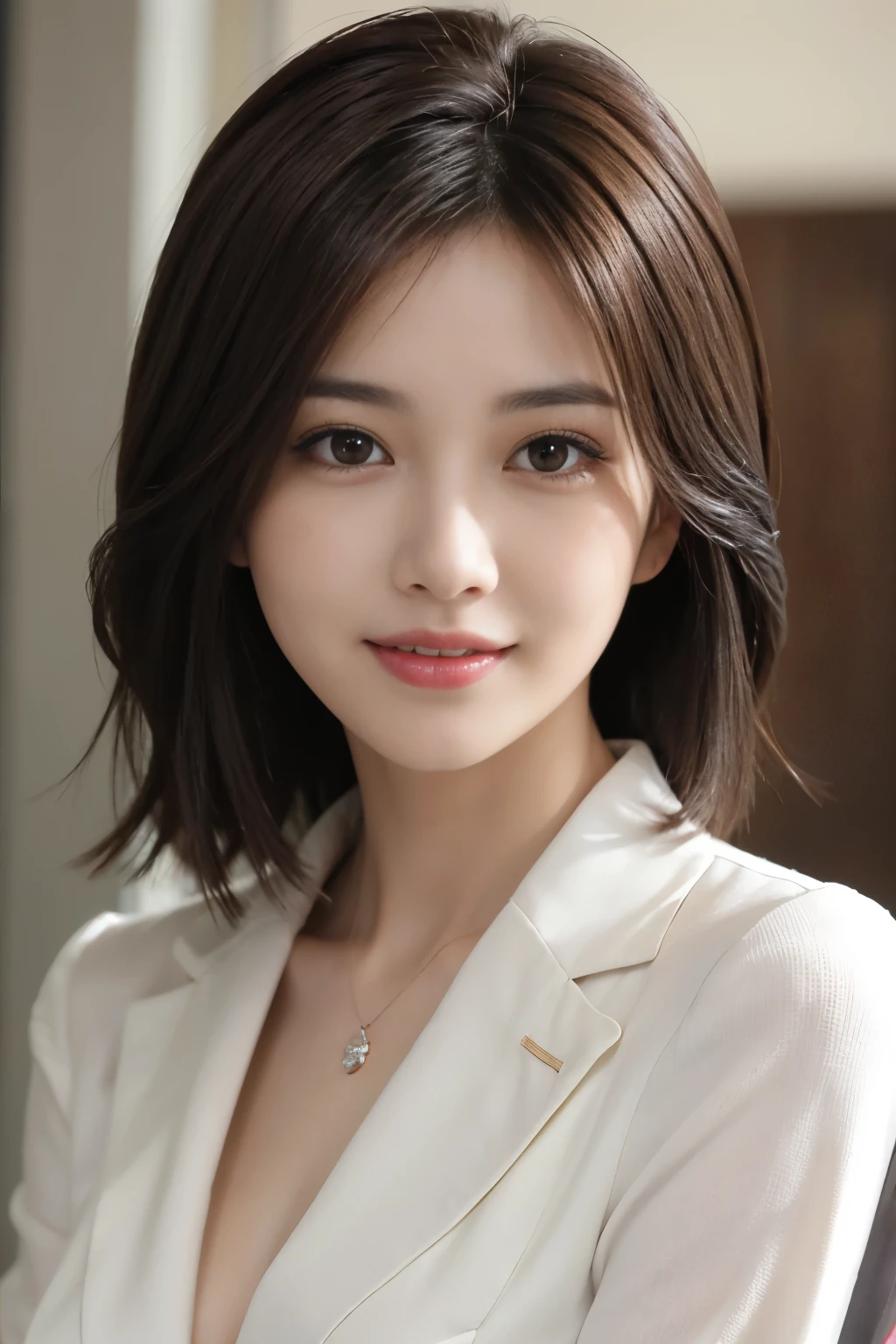 table top, highest quality, realistic, super detailed, finely, High resolution, 8k wallpaper, 1 beautiful woman,, light brown messy hair, wearing a business suit, sharp focus, perfect dynamic composition, detailed and beautiful eyes, fine hair, Detailed and realistic skin texture, smile, close-up portrait, model body shape、mother、30 generations、smile gently、looks happy、short hair