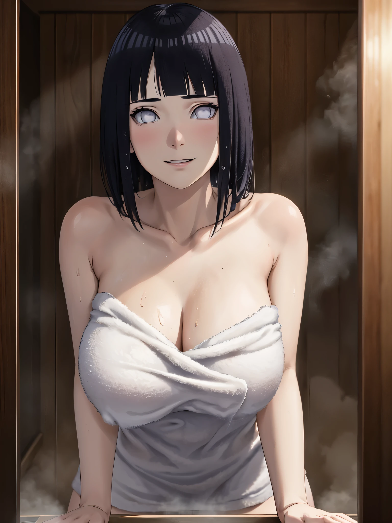 masterpiece, absurdres, hinata\(boruto\), 1 girl, solo,mature female, towel outfit, looking at viewer, (falling petals), perfect composition, detailed lips, huge large giant breast, beautiful face, body propotion, blush, (pink lips), long hair,  purple eyes,  soft gaze,  super realistic, detailed, realistic face and body, sweat body, hide breast using towel, sauna background, shy face, smiling. thick body, bbw, view from bottom, put hand in the back, very shy face, oil body. white fog, breast almost pull out from towel. heavy massive breast