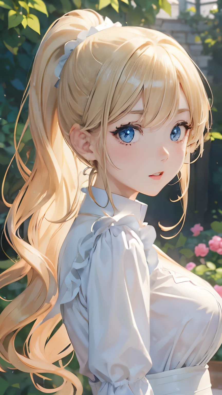 (masterpiece:1.2), (highest quality:1.2),, Curvy but slender body, perfect eyes, perfect face, perfect lighting, 1 girl, in the garden, (blouse),(Lady),(noble),(maid),(ponytail),curly hair, fine clothes, detailed outdoor background, compensate, eye shadow, thick eyelashes, fantasy, looking at the viewer, whole body、blue sky、Bright and very beautiful face、young shiny glossy white shiny skin、the best beauty、the most beautiful bright blonde hair in the world、thin hair、long hair、Shining beautiful bangs、big shining blue eyes、Very beautiful and lovely 18 years old, the most beautiful girl in the world、small breasts