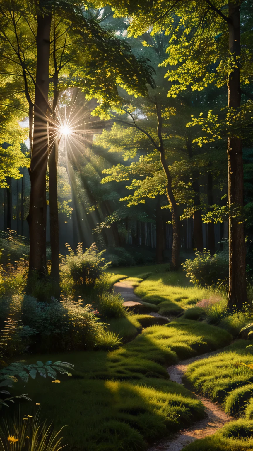 Enchanting Forest Canopy: Create a magical scene within an ancient forest where sunlight filters through the dense canopy, illuminating a carpet of wildflowers. Capture the interplay of light and shadow. Masterpiece, best quality, high quality, highly detailed CG unity 8k wallpaper, textured landscape, award-winning stock photography, bokeh, depth of field, HDR, bloom, chromatic aberration, ((photorealistic)), highly detailed, rich colors, dramatic lighting