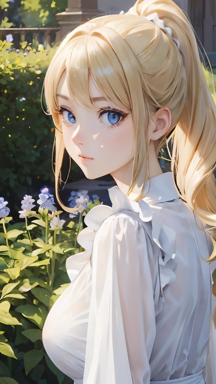 (masterpiece:1.2), (highest quality:1.2),, Curvy but slender body, perfect eyes, perfect face, perfect lighting, 1 girl, in the garden, (blouse),(Lady),(noble),(maid),(ponytail),(I can see my ankles),curly hair, fine clothes, detailed outdoor background, compensate, eye shadow, thick eyelashes, fantasy, looking at the viewer, whole body、blue sky、Bright and very beautiful face、young shiny glossy white shiny skin、the best beauty、the most beautiful bright blonde hair in the world、thin hair、long hair、Shining beautiful bangs、big shining blue eyes、Very beautiful and lovely 18 years old, the most beautiful girl in the world、small breasts