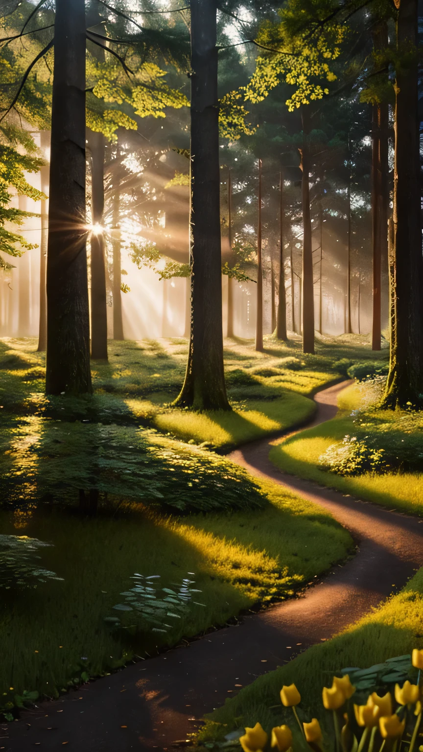 Enchanting Forest Canopy: Create a scene within an ancient forest where sunlight filters through the dense canopy, illuminating a carpet of wildflowers. Capture the interplay of light and shadow. Masterpiece, best quality, high quality, highly detailed CG unity 8k wallpaper, textured landscape, award-winning stock photography, bokeh, depth of field, HDR, bloom, chromatic aberration, ((photorealistic)), highly detailed, rich colors, dramatic lighting