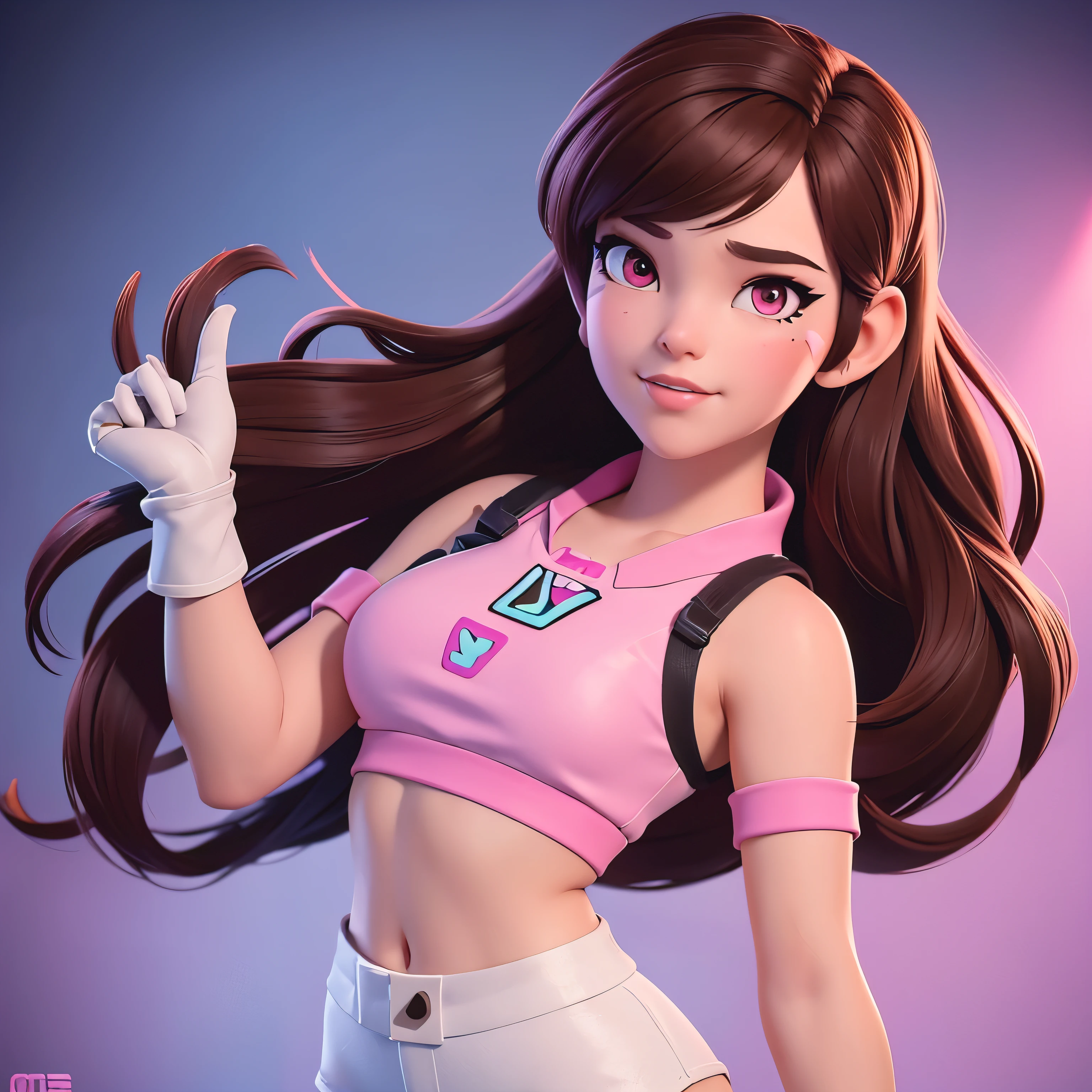 Masterpiece, Best Quality, High Resolution, 1Girl, Ultra High Resolution, Solo, D.VA, Headphones, Pink Eyes, short shorts, Brown Hair, White Gloves, Face Decoration, full body shot, cute, crop top, realistic,