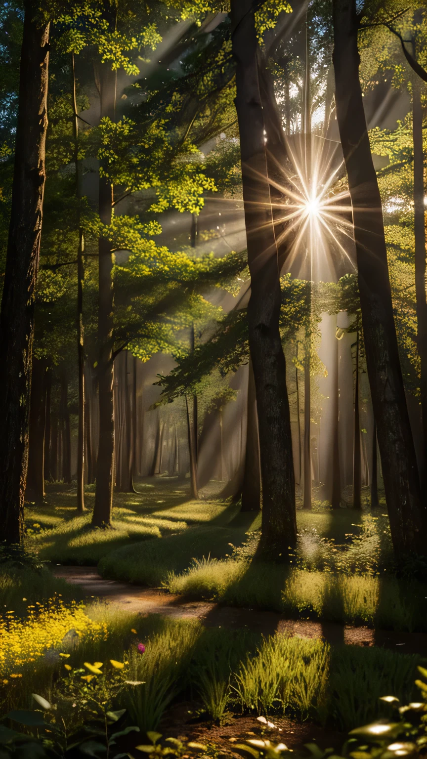 Enchanting Forest Canopy: Create a scene within an ancient forest where sunlight filters through the dense canopy, illuminating a carpet of wildflowers. Capture the interplay of light and shadow. Masterpiece, best quality, high quality, highly detailed CG unity 8k wallpaper, textured landscape, award-winning stock photography, bokeh, depth of field, HDR, bloom, chromatic aberration, ((photorealistic)), highly detailed, rich colors, dramatic lighting