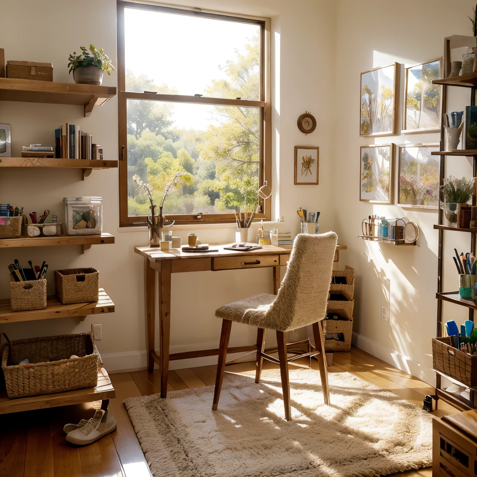 A cozy crafting space, bathed in natural light, filled with lippan art frame with mirror work, boxes of paint brushes, and shelves filled with hand-crafted excellence. A skilled hand is seen creating a beautiful piece of art, interspersed with inspirational quotes and sketches. This scene reflects a sense of warmth, creativity, and a sense of self-satisfaction.