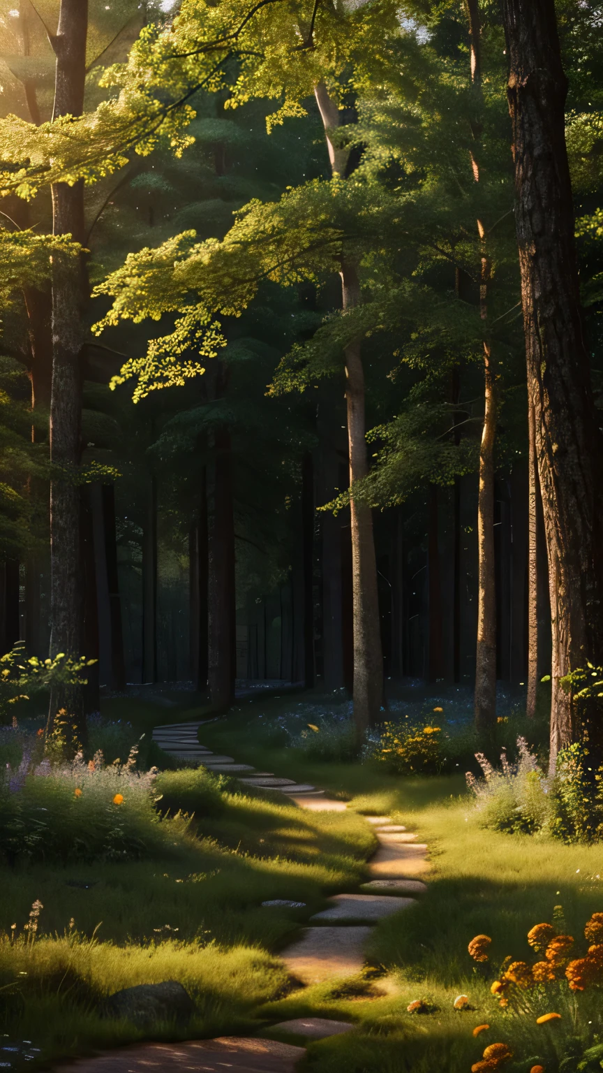 Enchanting Forest Canopy: Create a scene within an ancient forest where sunlight filters through the dense canopy, illuminating a carpet of wildflowers. Capture the interplay of light and shadow. Masterpiece, best quality, high quality, highly detailed CG unity 8k wallpaper, textured landscape, award-winning stock photography, bokeh, depth of field, HDR, bloom, chromatic aberration, ((photorealistic)), highly detailed, rich colors, dramatic lighting


