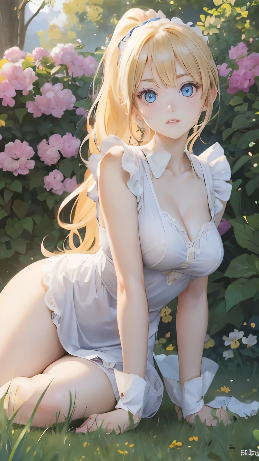 (masterpiece:1.2), (highest quality:1.2),, Curvy but slender body, perfect eyes, perfect face, perfect lighting, 1 girl, in the garden, (blouse),(Lady),(noble),(maid),(ponytail),(I can see my ankles),curly hair, fine clothes, detailed outdoor background, compensate, eye shadow, thick eyelashes, fantasy, looking at the viewer, whole body、blue sky、Bright and very beautiful face、young shiny glossy white shiny skin、the best beauty、the most beautiful bright blonde hair in the world、thin hair、long hair、Shining beautiful bangs、big shining blue eyes、Very beautiful and lovely 18 years old, the most beautiful girl in the world、small breasts