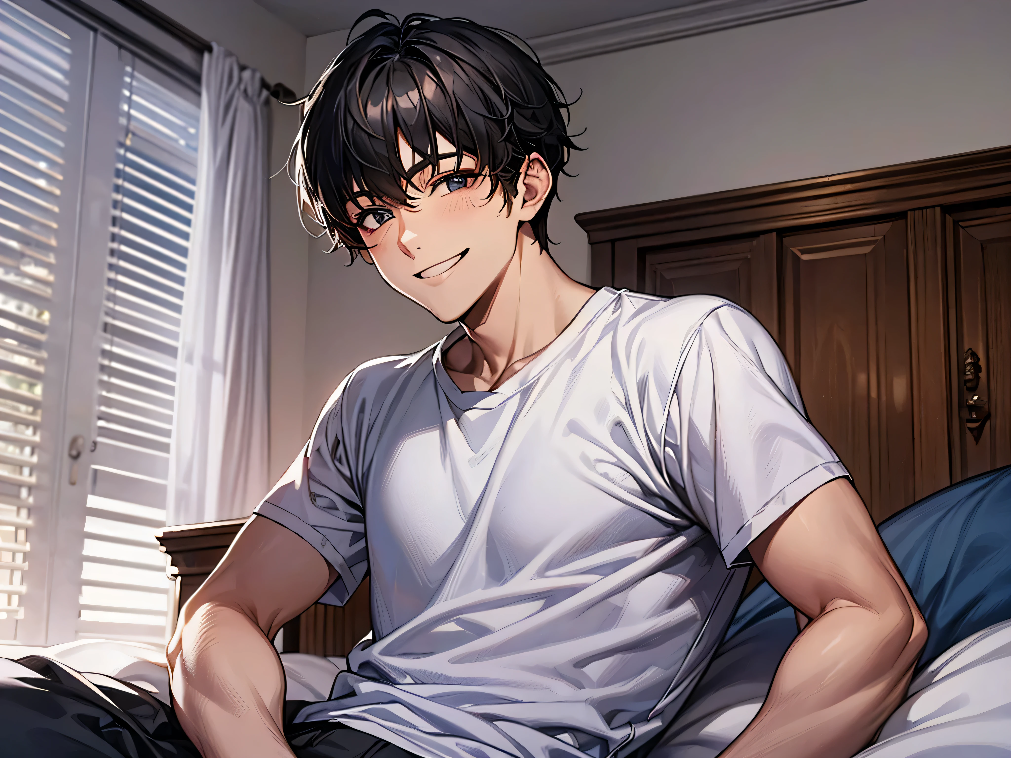 male,masterpiece, high quality, 最high quality, hd,perfect lighting, detailed face, detailed body, 1 person, short black hair, white t-shirt, (smile: 1.5), sitting, bed, in the room,night