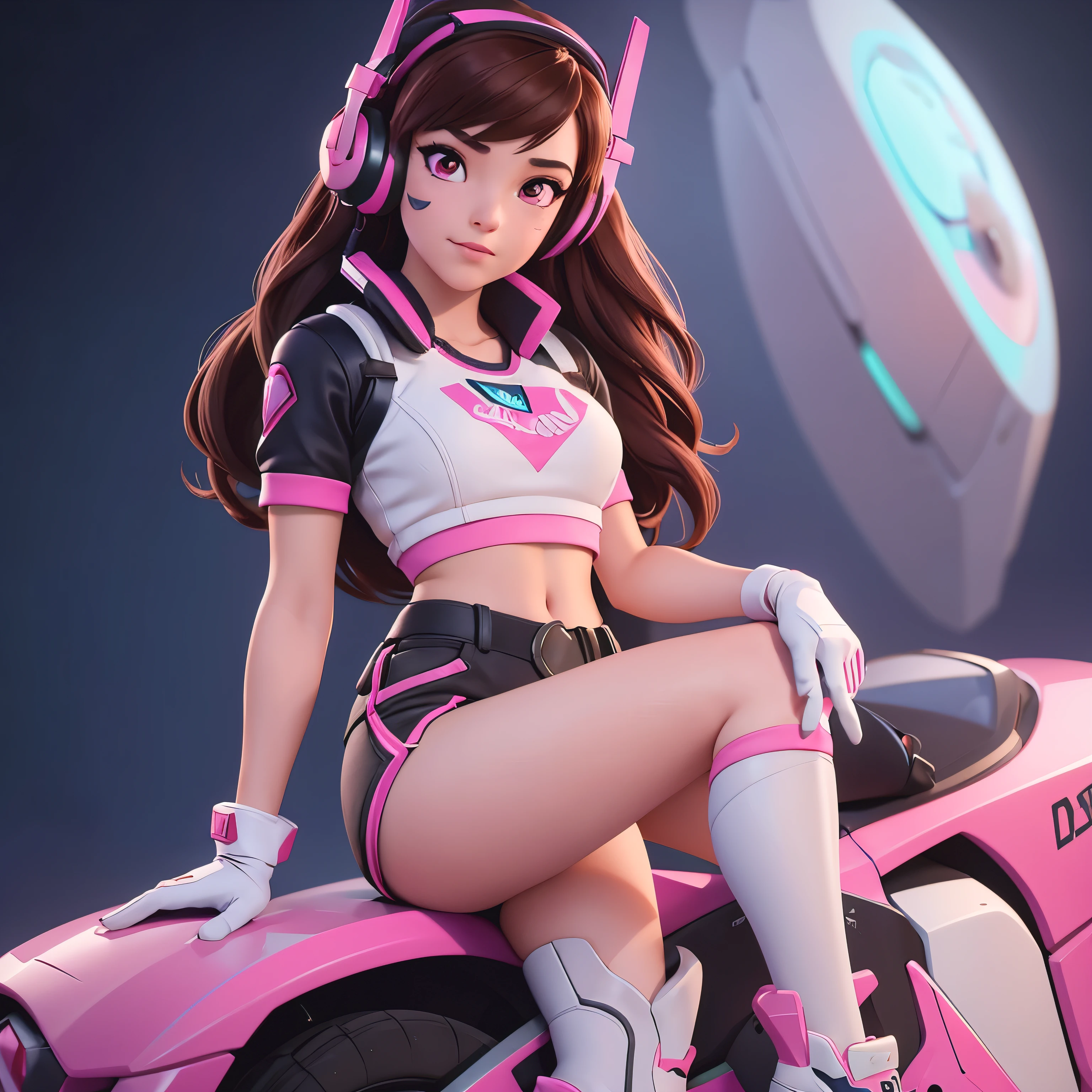 Masterpiece, Best Quality, High Resolution, 1Girl, Ultra High Resolution, Solo, D.VA, Headphones, Pink Eyes, short shorts, Brown Hair, White Gloves, Face Decoration, full body shot, cute, crop top, realistic, 