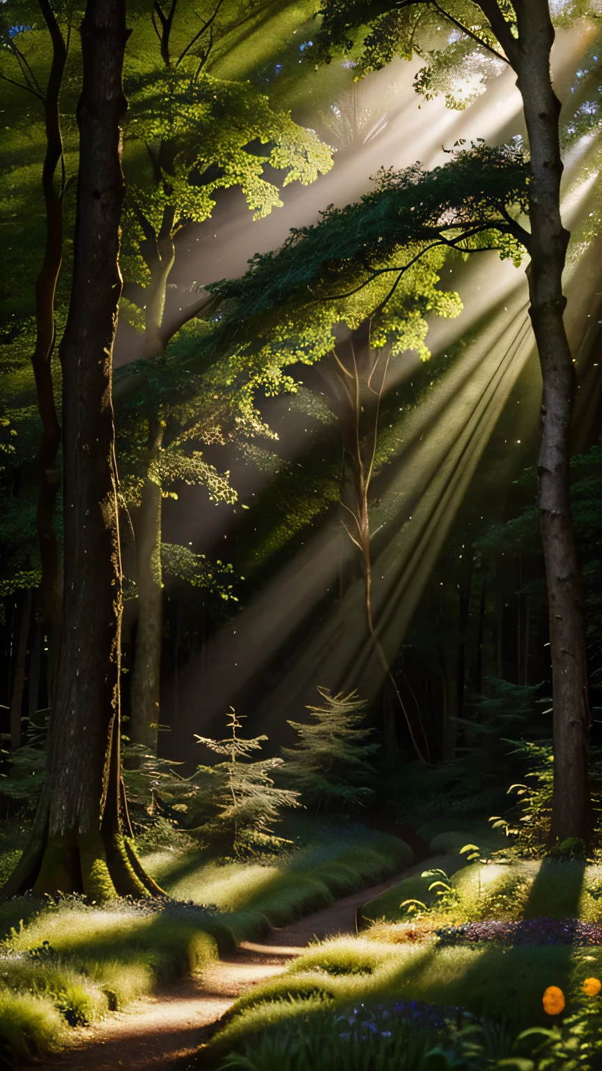 Enchanting Forest Canopy: Create a scene within an ancient forest where sunlight filters through the dense canopy, illuminating a carpet of wildflowers. Capture the interplay of light and shadow. Masterpiece, best quality, high quality, award-winning stock photography, bokeh, depth of field, HDR, bloom, chromatic aberration, ((photorealistic)), highly detailed, rich colors, dramatic lighting


