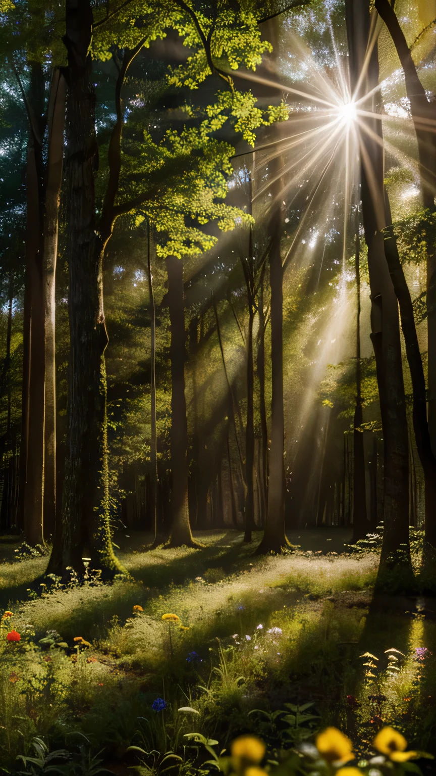 Enchanting Forest Canopy: Create a scene within an ancient forest where sunlight filters through the dense canopy, illuminating a carpet of wildflowers. Capture the interplay of light and shadow. Masterpiece, best quality, high quality, award-winning stock photography, bokeh, depth of field, HDR, bloom, chromatic aberration, ((photorealistic)), highly detailed, rich colors, dramatic lighting


