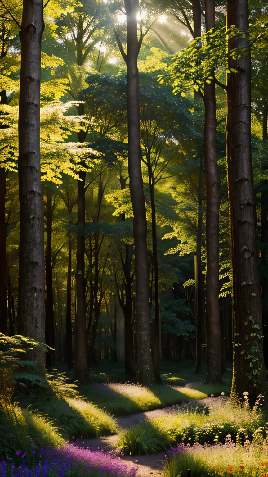 Forest Canopy: Create a scene within an ancient forest where sunlight filters through the dense canopy, illuminating a carpet of wildflowers. Capture the interplay of light and shadow. Masterpiece, best quality, high quality, award-winning stock photography, bokeh, depth of field, HDR, bloom, chromatic aberration, ((photorealistic)), highly detailed, rich colors, dramatic lighting



