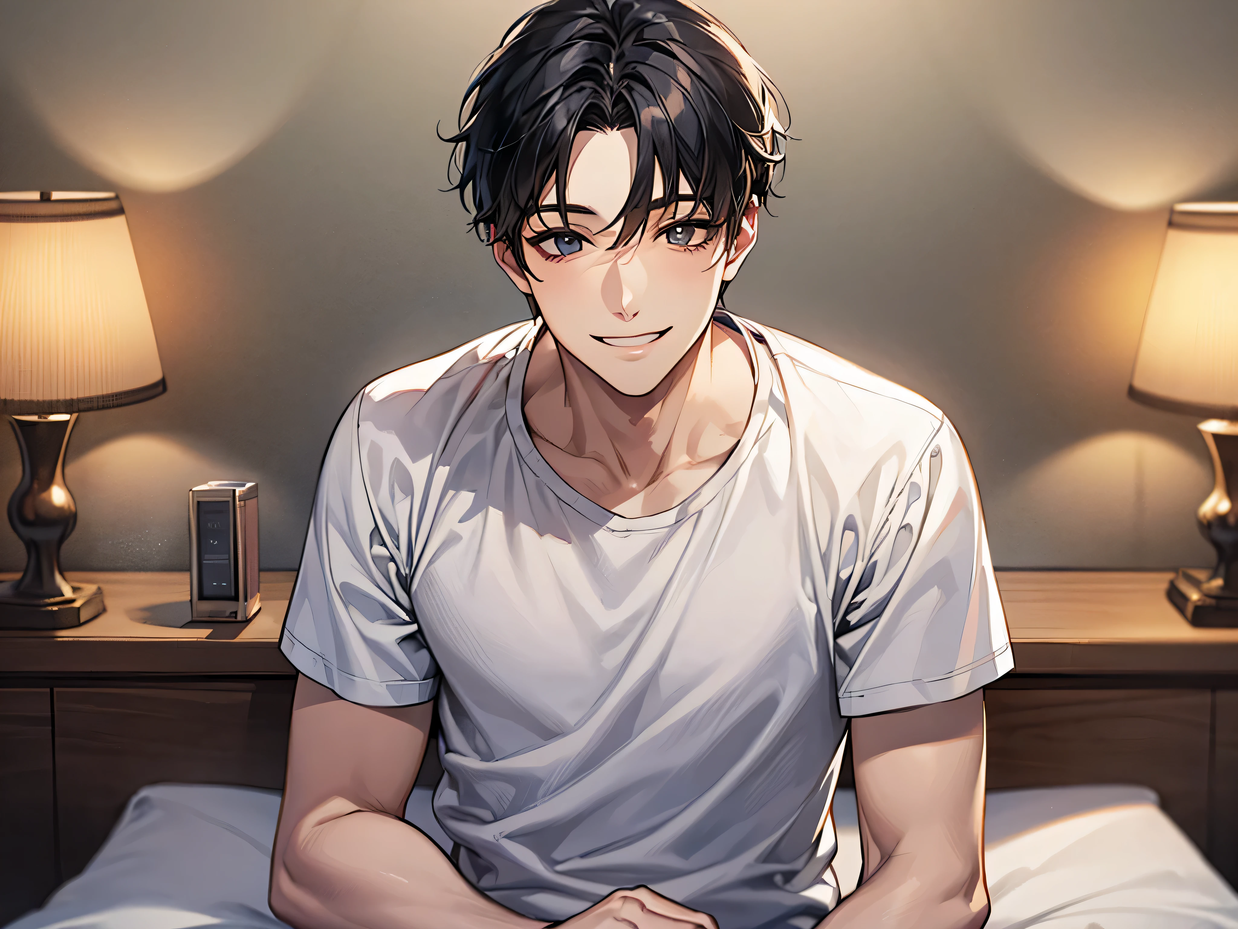 male,masterpiece, high quality, 最high quality, hd,perfect lighting, detailed face, detailed body, 1 person, short black hair, white t-shirt, (smile: 1.5), sitting, bed, night