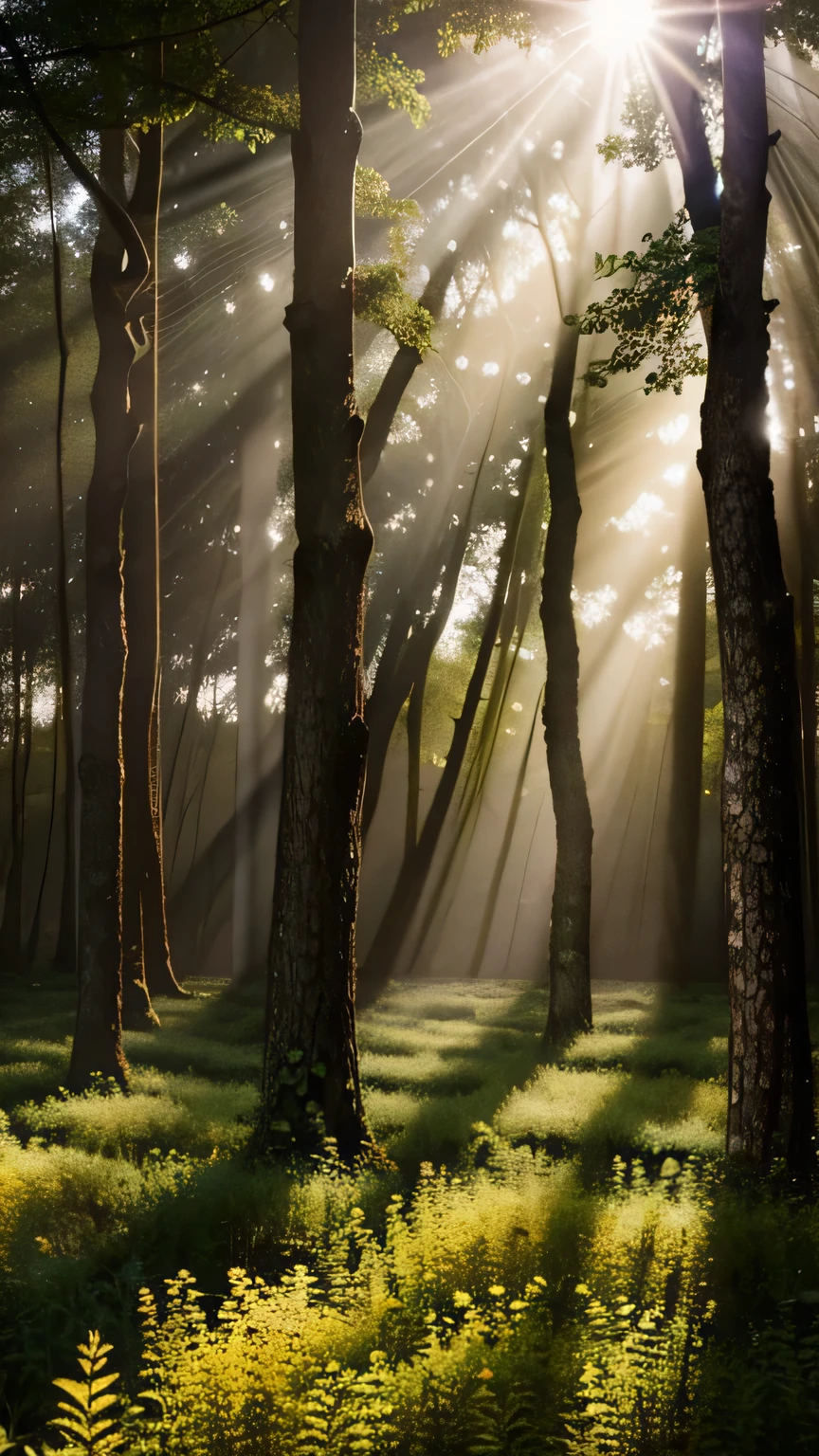 Forest Canopy: Create a scene within an ancient forest where sunlight filters through the dense canopy, illuminating a carpet of wildflowers. Capture the interplay of light and shadow. Masterpiece, best quality, high quality, award-winning stock photography, bokeh, depth of field, HDR, bloom, chromatic aberration, ((photorealistic)), highly detailed, rich colors, dramatic lighting