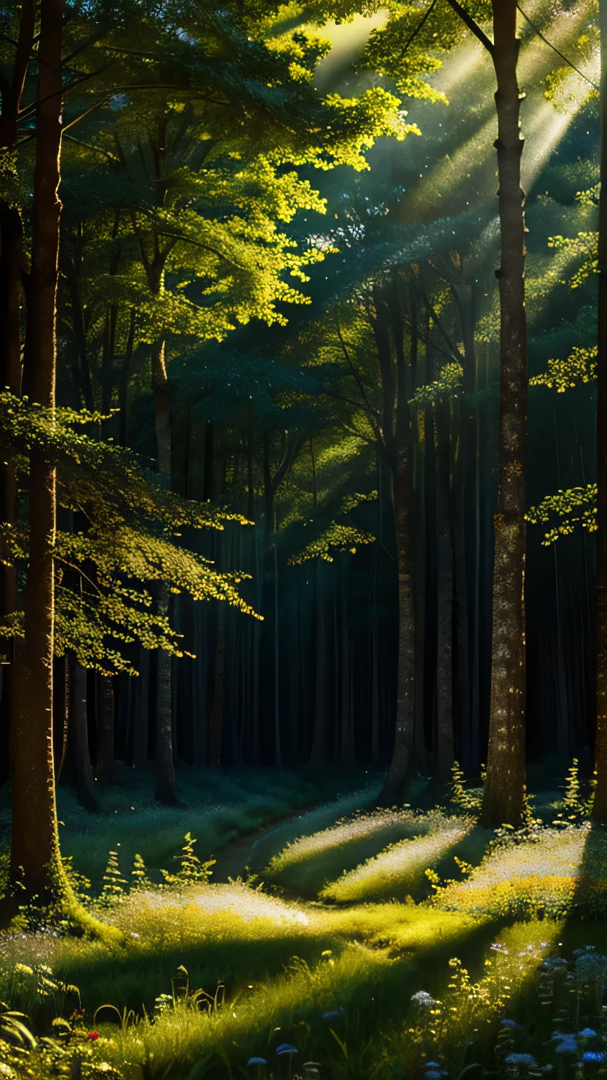 Forest Canopy: Create a scene within an ancient forest where sunlight filters through the dense canopy, illuminating a carpet of wildflowers. Capture the interplay of light and shadow. Masterpiece, best quality, high quality, award-winning stock photography, bokeh, depth of field, HDR, bloom, chromatic aberration, ((photorealistic)), highly detailed, rich colors, dramatic lighting