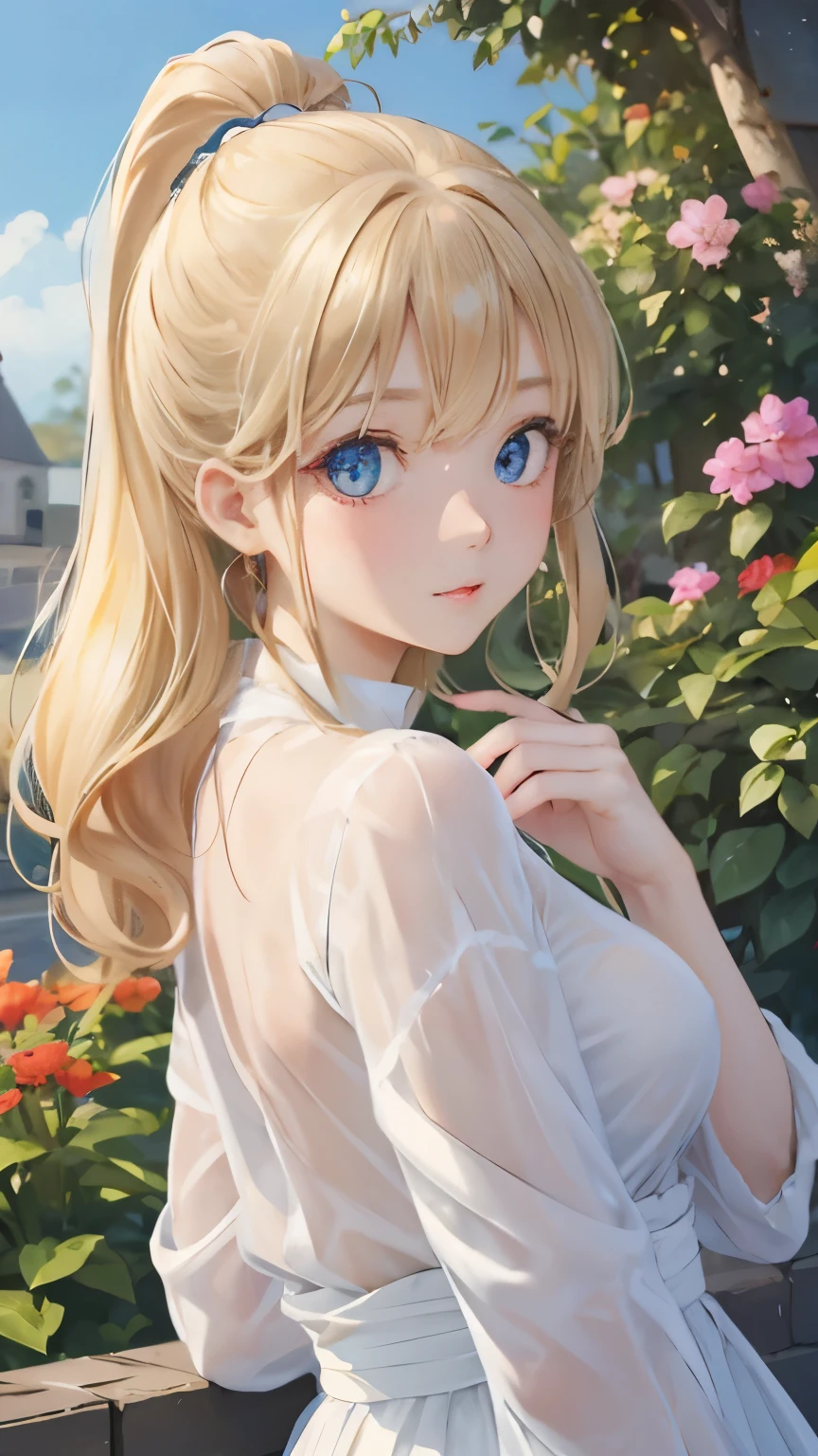 (masterpiece:1.2), (highest quality:1.2),, Curvy but slender body, perfect eyes, perfect face, perfect lighting, 1 girl, in the garden, (blouse),(Lady),(noble),(whole bodyが見える),(ponytail),(I can see my ankles),curly hair, fine clothes, detailed outdoor background, compensate, eye shadow, thick eyelashes, fantasy, looking at the viewer, whole body、blue sky、Bright and very beautiful face、young shiny glossy white shiny skin、the best beauty、the most beautiful bright blonde hair in the world、thin hair、long hair、Shining beautiful bangs、big shining blue eyes、Very beautiful and lovely 18 years old, the most beautiful girl in the world、small breasts