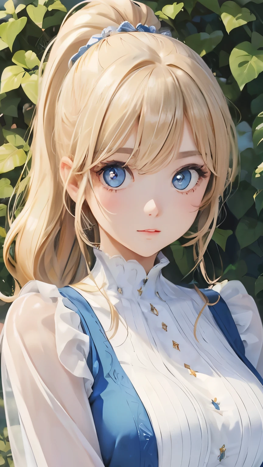 (masterpiece:1.2), (highest quality:1.2),, Curvy but slender body, perfect eyes, perfect face, perfect lighting, 1 girl, in the garden, (blouse),(Lady),(noble),(whole bodyが見える),(ponytail),(I can see my ankles),curly hair, fine clothes, detailed outdoor background, compensate, eye shadow, thick eyelashes, fantasy, looking at the viewer, whole body、blue sky、Bright and very beautiful face、young shiny glossy white shiny skin、the best beauty、the most beautiful bright blonde hair in the world、thin hair、long hair、Shining beautiful bangs、big shining blue eyes、Very beautiful and lovely 18 years old, the most beautiful girl in the world、small breasts