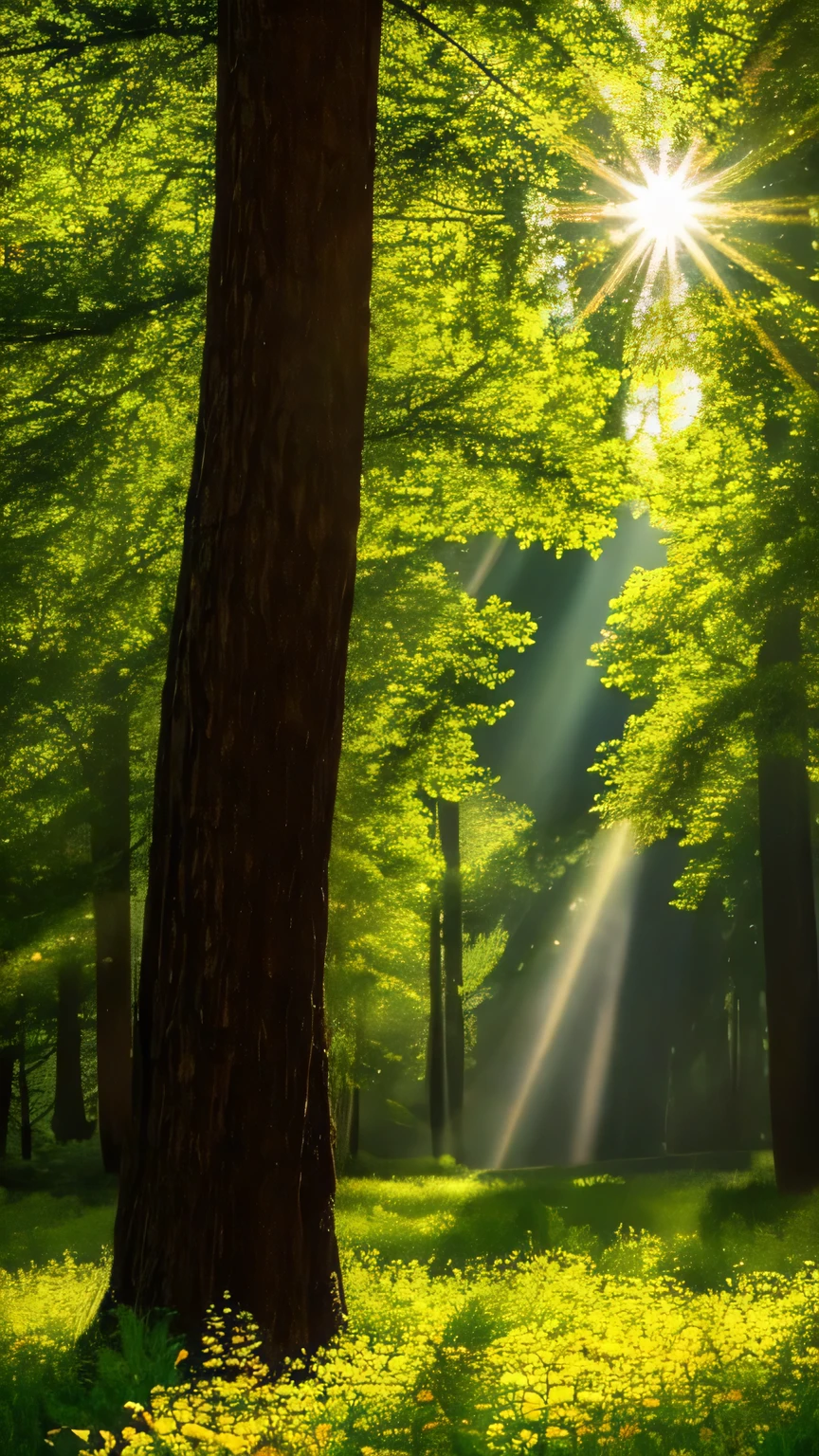 Forest Canopy: Create a scene within an ancient forest where sunlight filters through the dense canopy, illuminating a carpet of wildflowers. Capture the interplay of light and shadow.