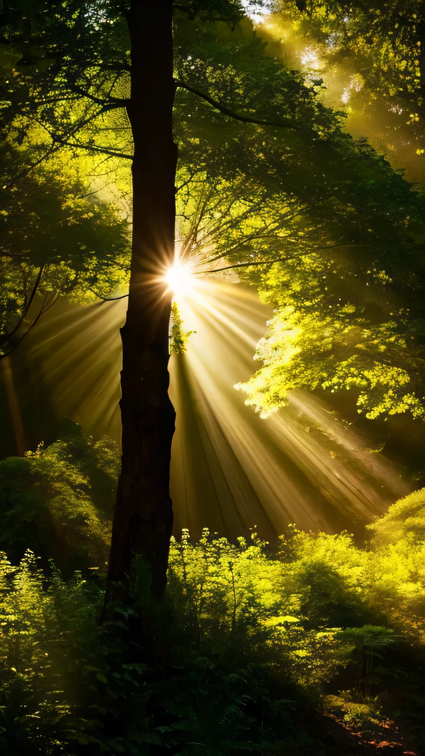 Forest Canopy: Create a scene within an ancient forest where sunlight filters through the dense canopy, illuminating a carpet of wildflowers. Capture the interplay of light and shadow.