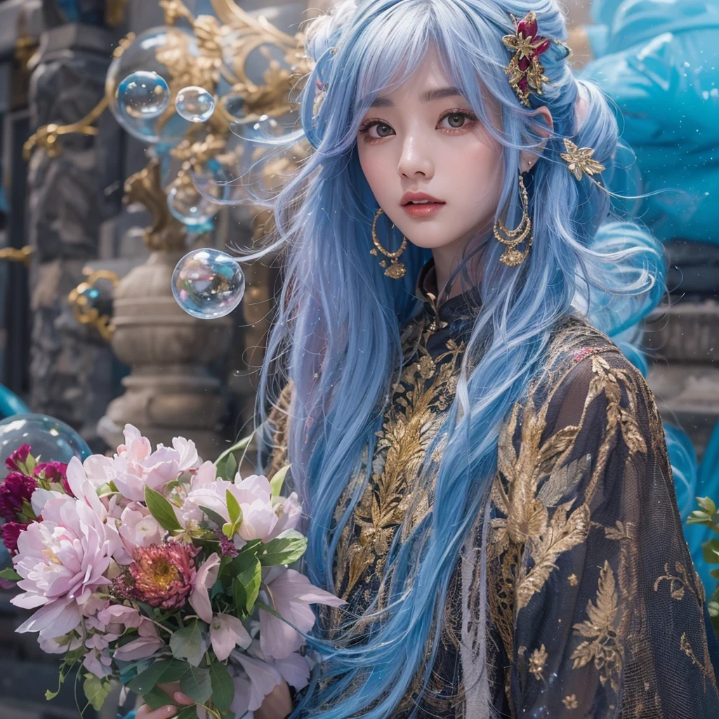 浅蓝 blue colors，enamel，agate，A flesh-colored world，Blood Blue Maiden 32k（masterpiece，HD，Aoyama Pond，Ultra high quality，32k）long flowing bright blue hair，blood pool，Ziddink， a color，Grumpy （After greeting）， （Linen scarf）， fighting stance， looking at the ground， long white hair， Floating bright blue， Fire cloud gold headdress， Chinese long-sleeved gold silk burgundy garment， （Abstract metaverse splash：1.2）， White background，Peony flower vitality protector（realistically：1.4），bright purple hair，Smoke on the road，The background is very pure， high resolution， detail， RAW photos， Sharp Re， Nikon D850 film photo by Jefferies Lee 4 Kodak Portra 400 camera F1.6 guns, colorful, Ultra-realistic and vivid textures, dramatic lighting, Unreal Engine Art Station Trend, Sinest 800，一个有着long flowing bright blue hair的女孩，huge colorful bubbles