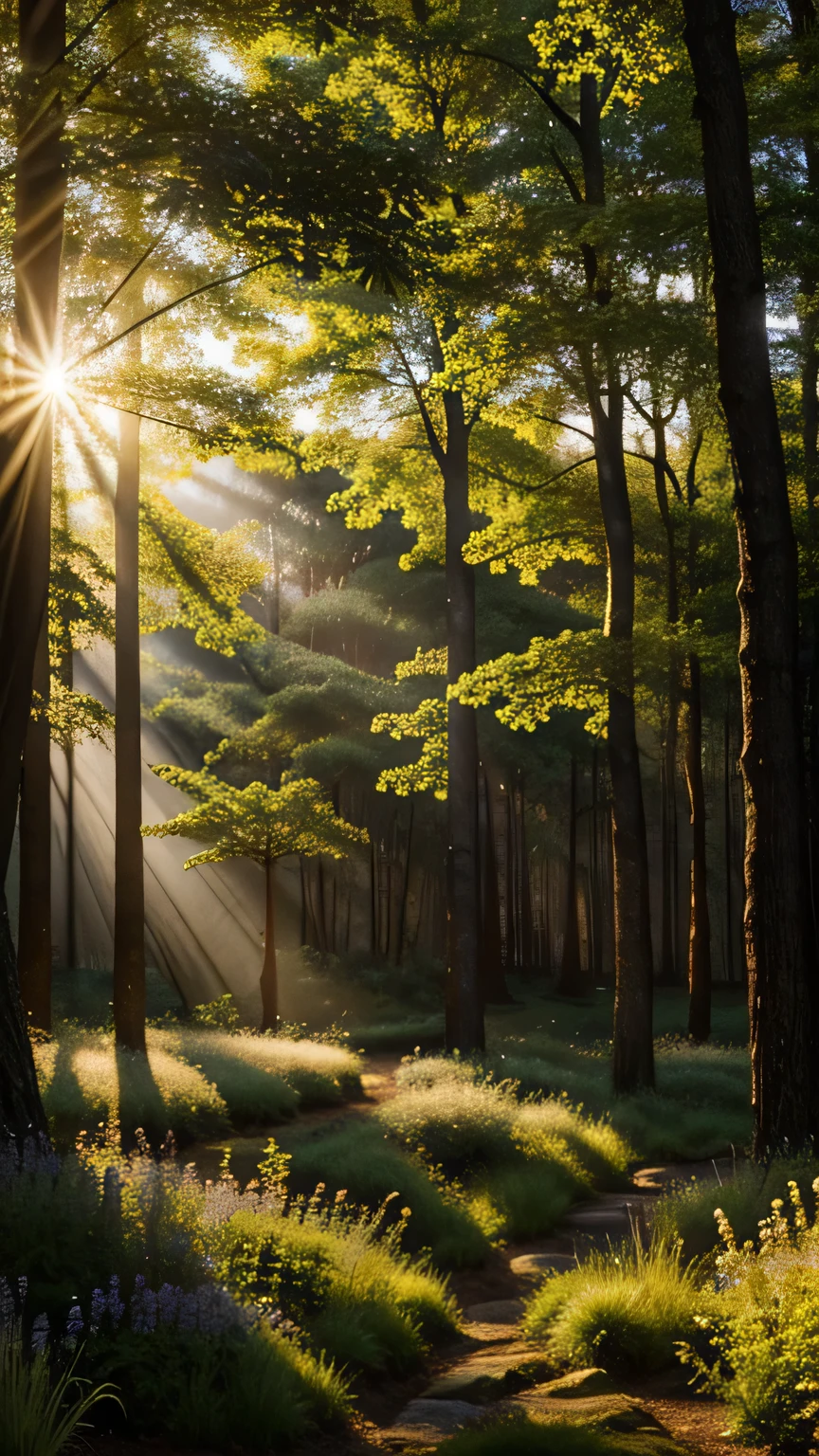 Forest Canopy: Create a scene within an ancient forest where sunlight filters through the dense canopy, illuminating a carpet of wildflowers. Capture the interplay of light and shadow. Masterpiece, best quality, high quality, textured landscape, award-winning stock photography, bokeh, depth of field, HDR, bloom, chromatic aberration, ((photorealistic)), highly detailed, rich colors, dramatic lighting.