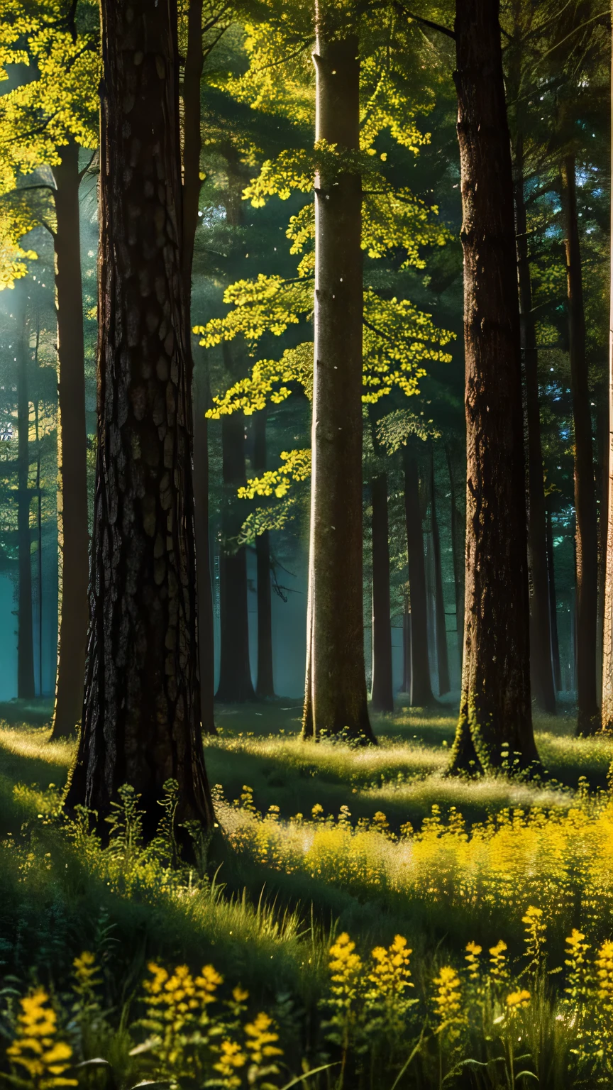 Forest Canopy: Create a scene within an ancient forest where sunlight filters through the dense canopy, illuminating a carpet of wildflowers. Capture the interplay of light and shadow. Masterpiece, best quality, high quality, textured landscape, award-winning stock photography, bokeh, depth of field, HDR, bloom, chromatic aberration, ((photorealistic)), highly detailed, rich colors, dramatic lighting.