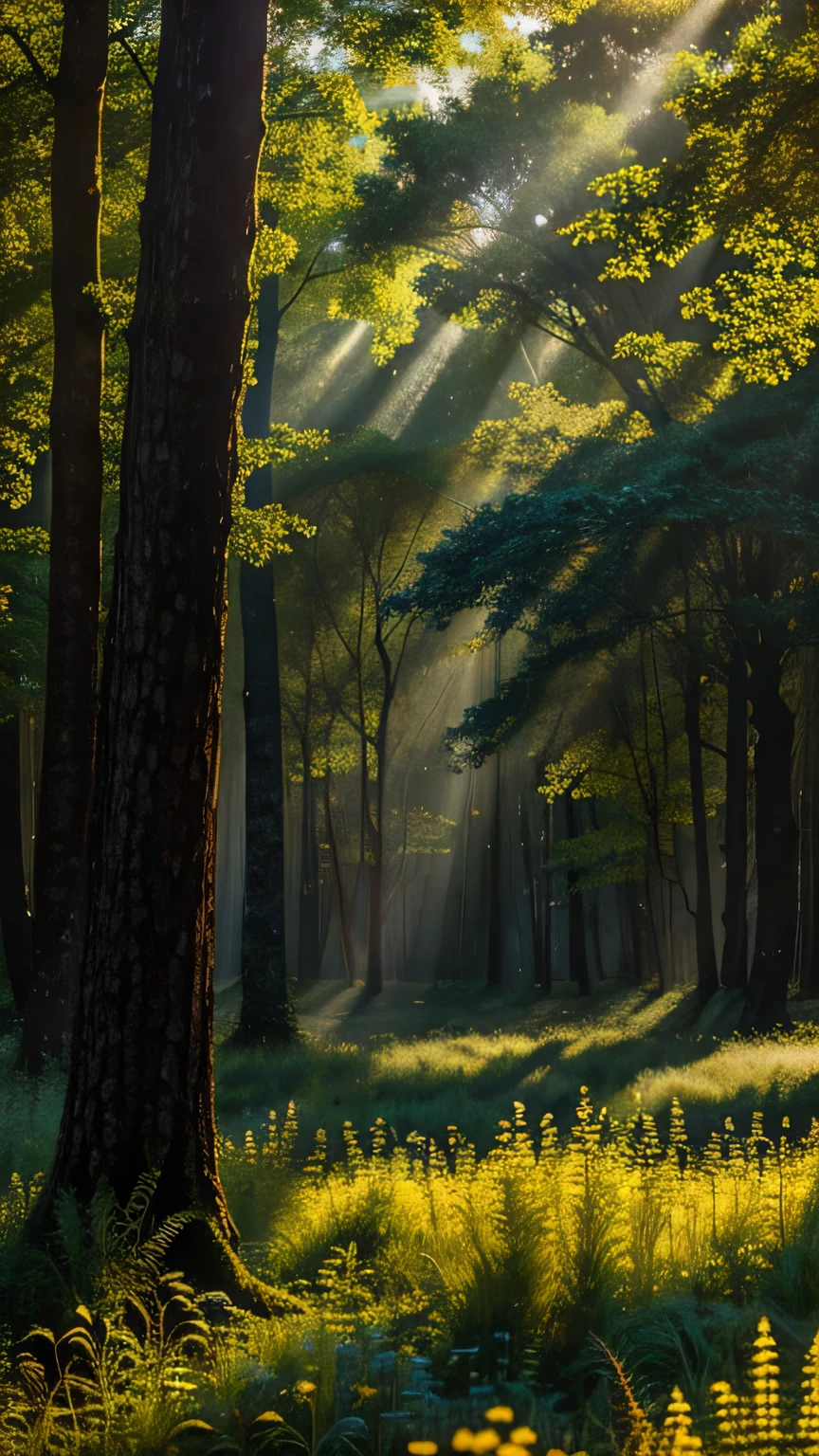 Forest Canopy: Create a scene within an ancient forest where sunlight filters through the dense canopy, illuminating a carpet of wildflowers. Capture the interplay of light and shadow. Masterpiece, best quality, high quality, textured landscape, award-winning stock photography, bokeh, depth of field, HDR, bloom, chromatic aberration, ((photorealistic)), highly detailed, rich colors, dramatic lighting.