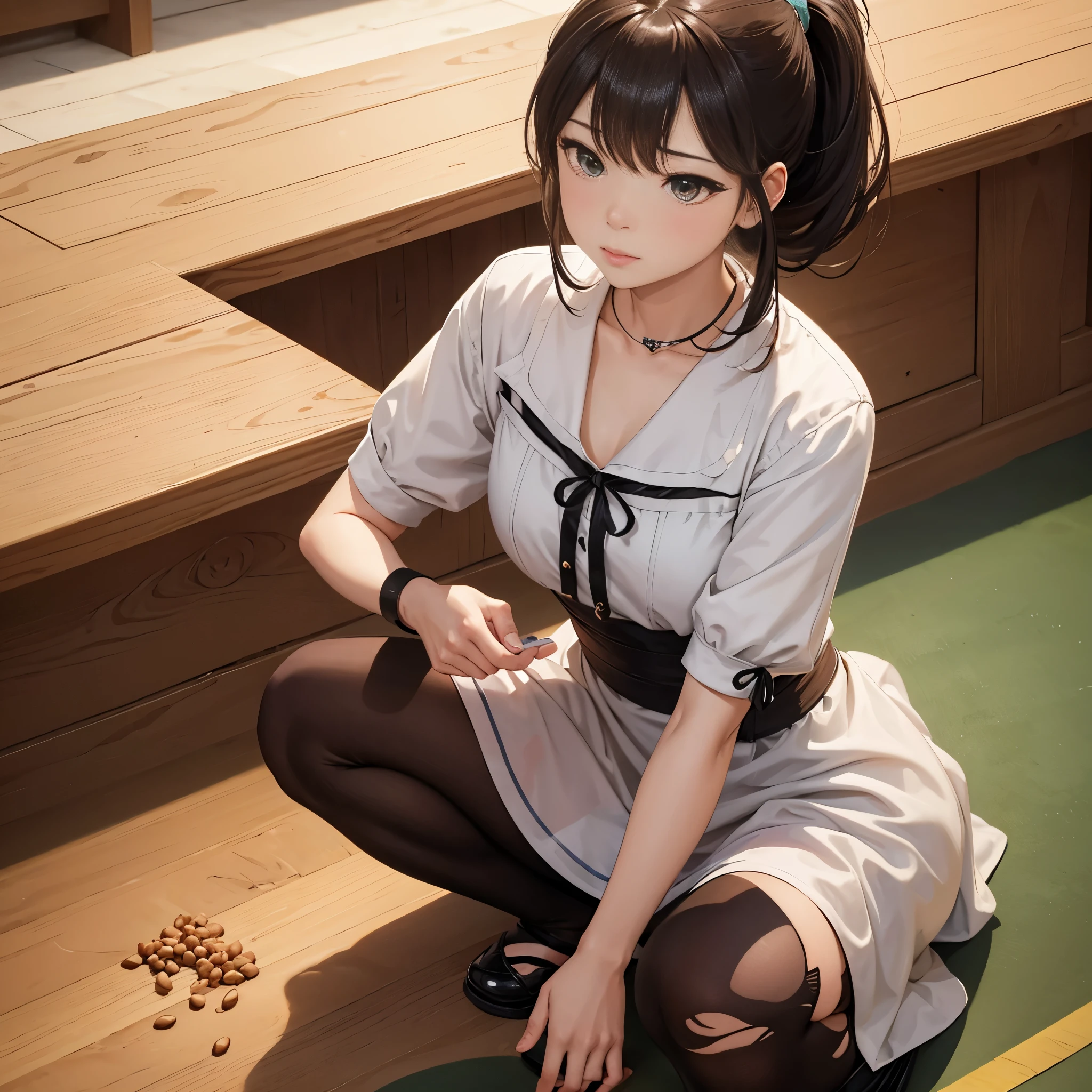 masterpiece、A woman picking up beans that fell on the floor、ponytail、🧹