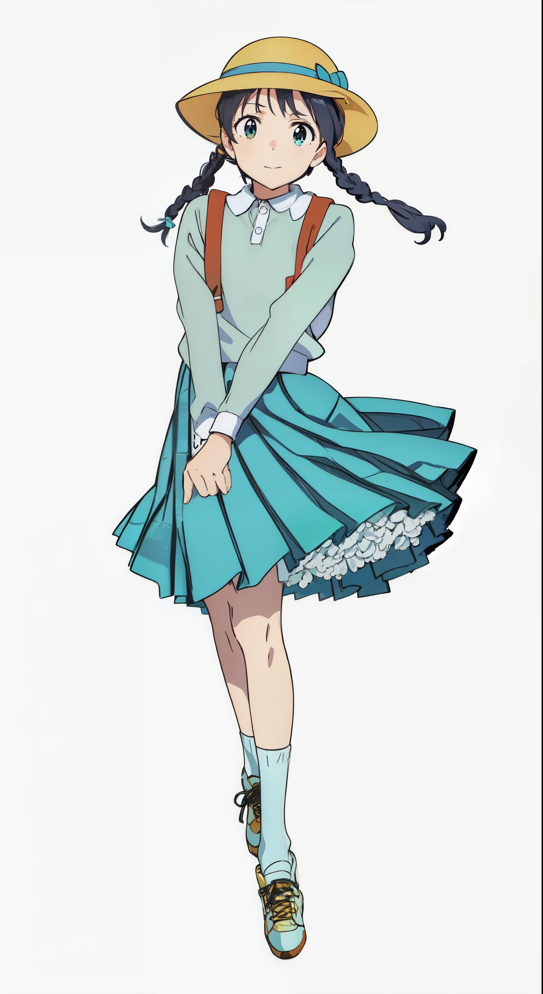 (white background:1.0), (best quality:1.0), (masterpiece:1.0), (super fine illustration:1.0), (beautiful artwork:1.0), (anime screencap:1.0), (official art:1.0), (full body:1.0), (solo:1.0), (ESGA:1.0), (a 12yo cute girl:1.25), (yellow hat:1.25), (red backpack:1.0), (long skirt:1.0), (green tartan skirt:1.0), (pleated skirt:1.0), (aqua blue polo shirt:1.0), (long sleeve polo shirt:1.0), (sneakers:1.0), (white socks:1.25), (ideal ratio body proportions:1.25), (lanky:1.25), (tall:1.25), (slender:1.25), (small breasts:1.25), (smaller face:1.25), (tareme:1.5), (detailed beautiful eyes:1.25), (detailed beautiful face:1.25), (glowing black eyes:1.1), (short hair:1.0), (twin braids:1.0), (black hair:1.0), (looking at viewer:1.5)