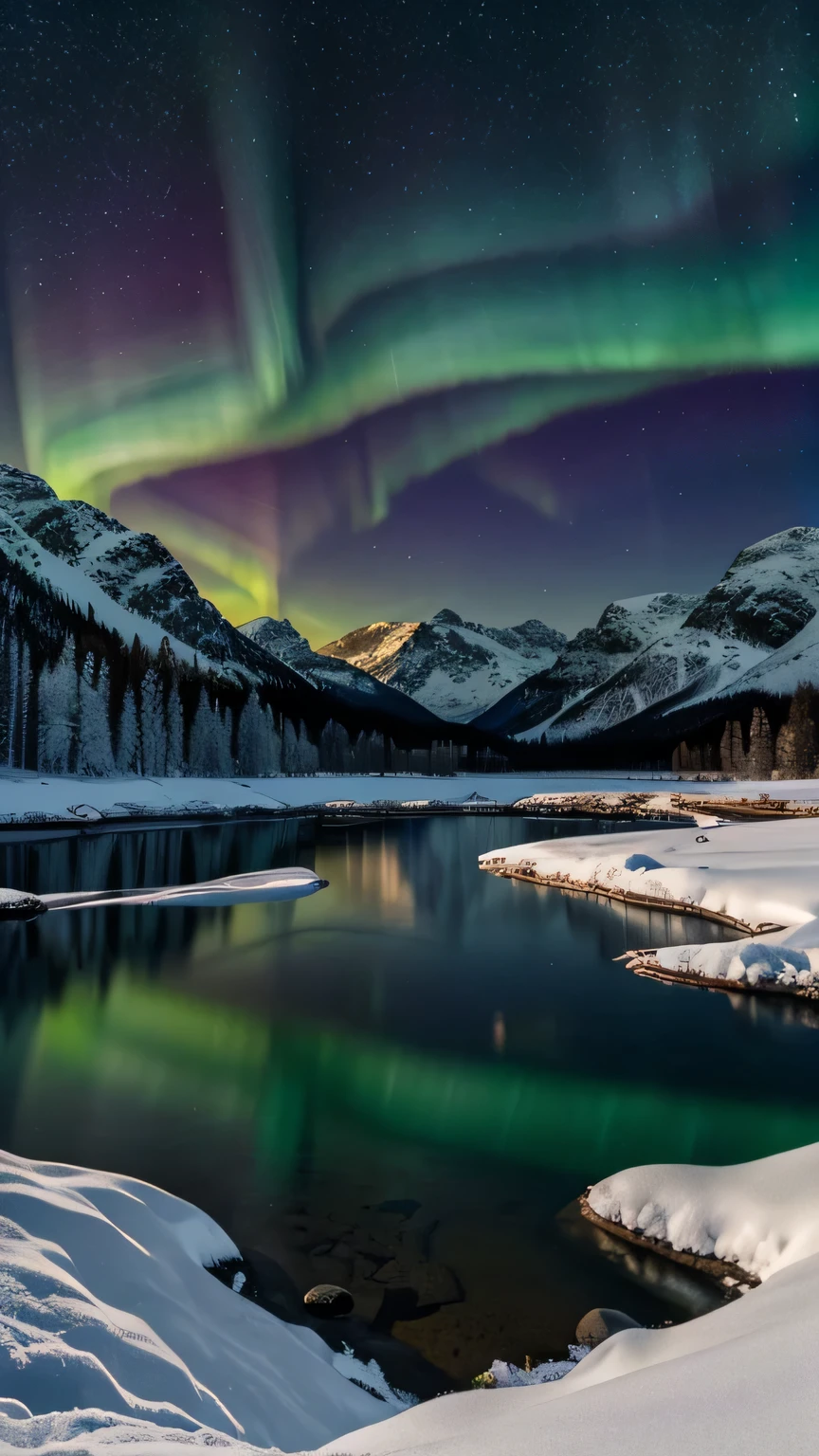 Generate a scientifically realistic photo of the aurora above a snowy mountainous landscape with a clear lake. Masterpiece, best quality, high quality, highly detailed CG unity 8k wallpaper, textured landscape, award-winning stock photography, bokeh, depth of field, HDR, bloom, chromatic aberration, ((photorealistic)), highly detailed, rich colors, dramatic lighting


