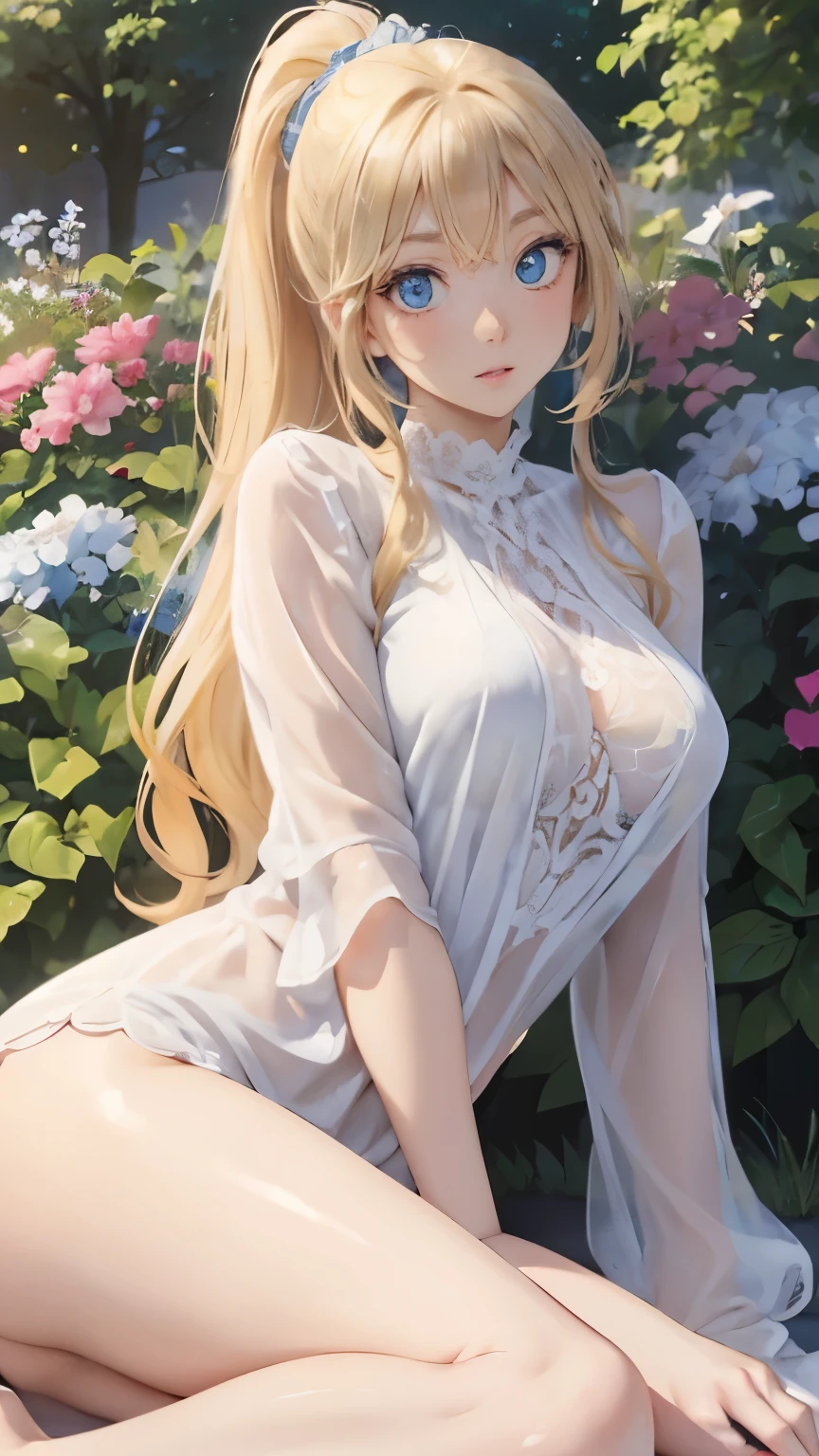 (masterpiece:1.2), (highest quality:1.2),, Curvy but slender body, perfect eyes, perfect face, perfect lighting, 1 girl, in the garden, (blouse),(Lady),(noble),(whole bodyのショット),(ponytail),(I can see my ankles),curly hair, fine clothes, detailed outdoor background, compensate, eye shadow, thick eyelashes, fantasy, looking at the viewer, whole body、blue sky、Bright and very beautiful face、young shiny glossy white shiny skin、the best beauty、the most beautiful bright blonde hair in the world、thin hair、long hair、Shining beautiful bangs、big shining blue eyes、Very beautiful and lovely 18 years old, the most beautiful girl in the world、small breasts