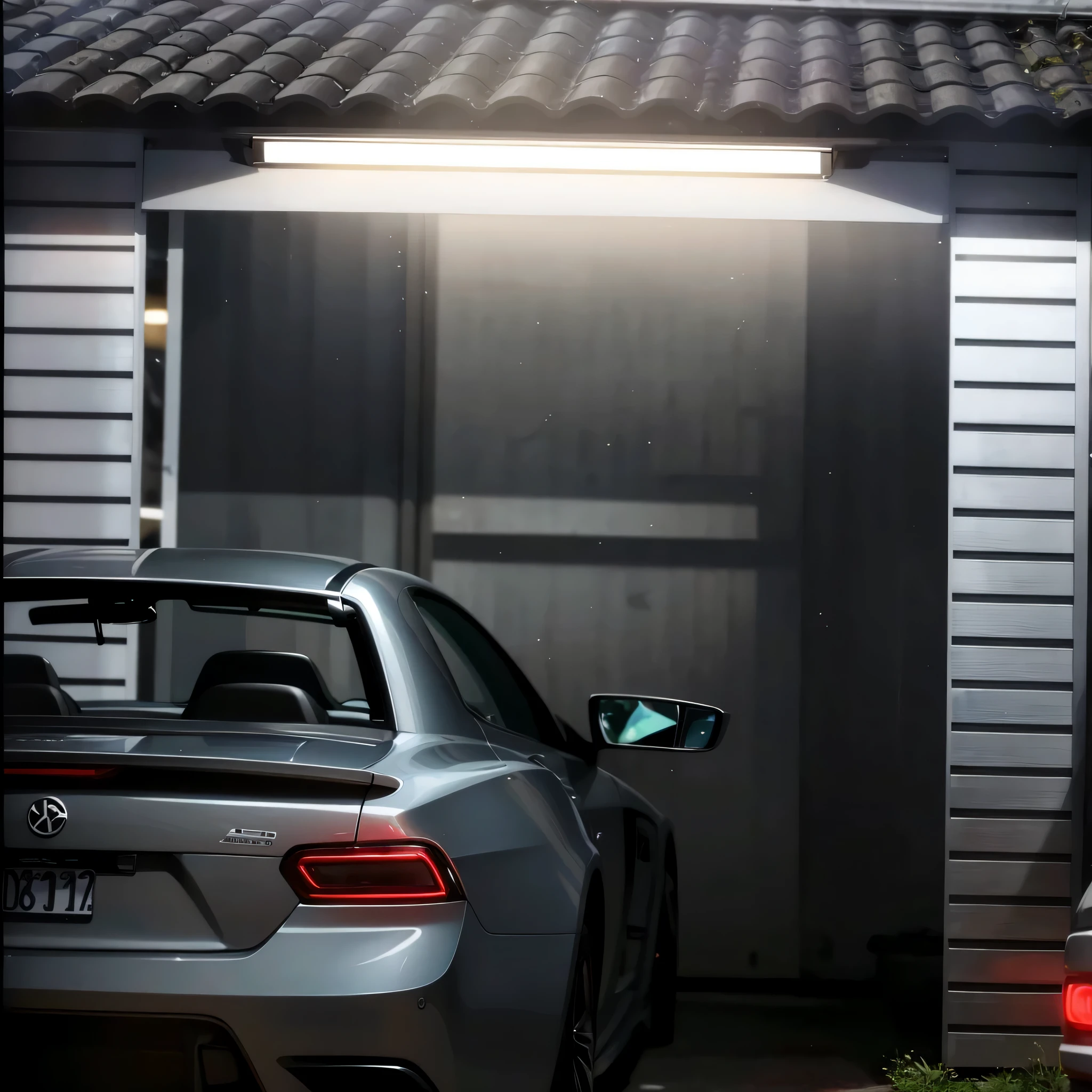 阿拉菲德的汽车在雨中停在garage里, Extremely high quality lighting, Moderate mood lighting, cool ceiling lighting, 在garage前面, garage, very good lighting, Car Light, dramatic lighting, Extremely homogeneous illumination, top down lighting, with dramatic lighting, Very bright white light, Dramatic contrasting lighting, extremely dramatic lighting, dramatic low lighting