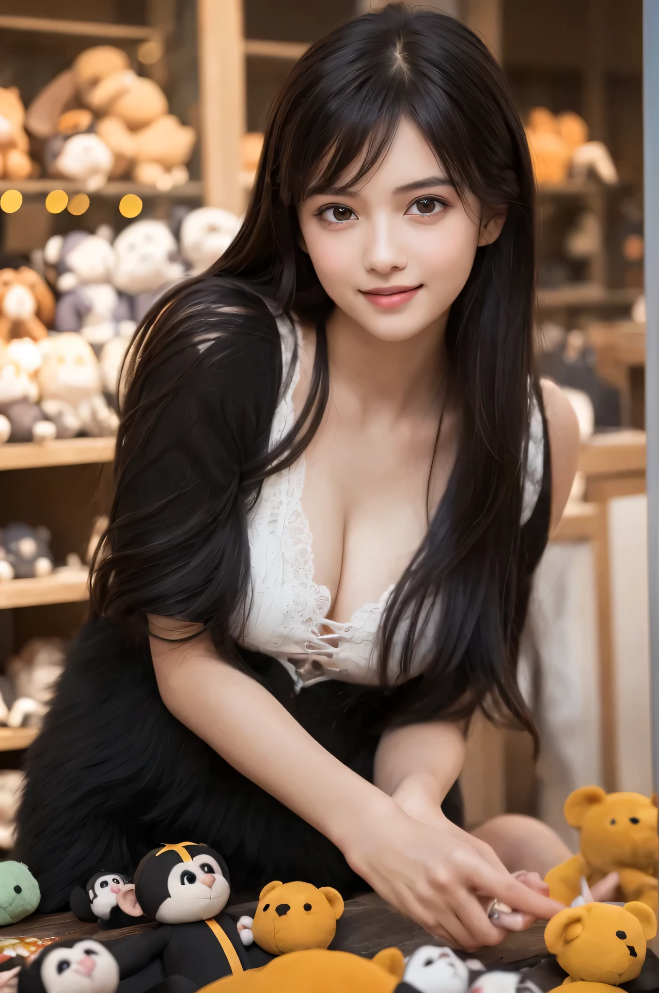 (best quality), (ultra-detailed), (llustration), (detailed light), (an extremely delicate and beautiful), 1ung girl, long hair, brown eyes, (smile slightly, Innocent and cute expression), model, Enchanting, Sublime, Ethereal, fantastic, extremely detailed CG unified 8k wallpaper, High-definition raw color photos, professional photography, indoors, (Stuffed toy shop, surrounded by lots of stuffed chimpanzee), (Bokeh), depth of fields,